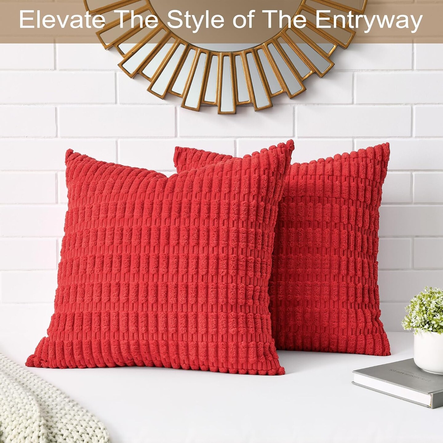 Volcanics Christmas Pillow Covers 18x18, Pack of 2 Red Soft Corduroy Striped Decorative Throw Pillow Covers, Modern Farmhouse Boho Home Decor