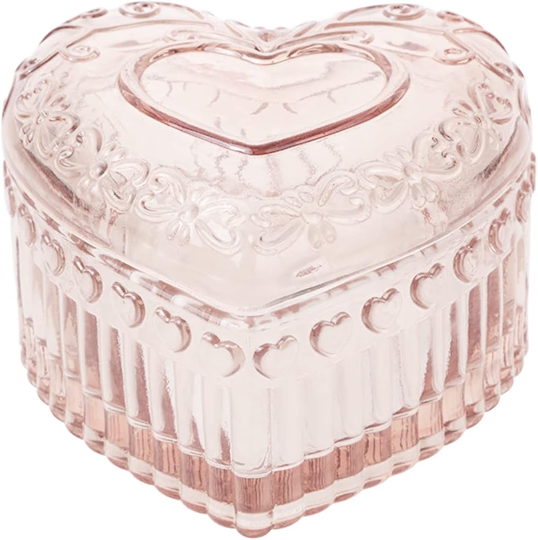 Glass Jewelry Box Heart Shape Cute Box for Storage Ring Earring Trinket Vintage Jewelry Organizer Decorative Gift for Women Girls-GRB003-Pink
