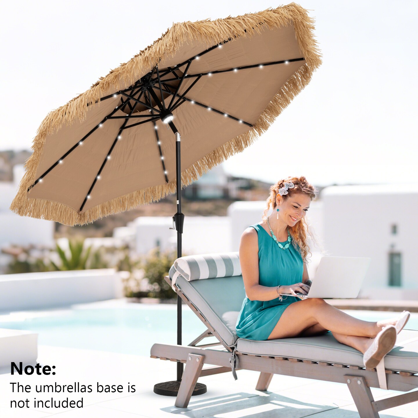 9 Feet Solar Patio Umbrella with LED Lights Natural Thatch Roof and Tilt Crank for Backyard Use