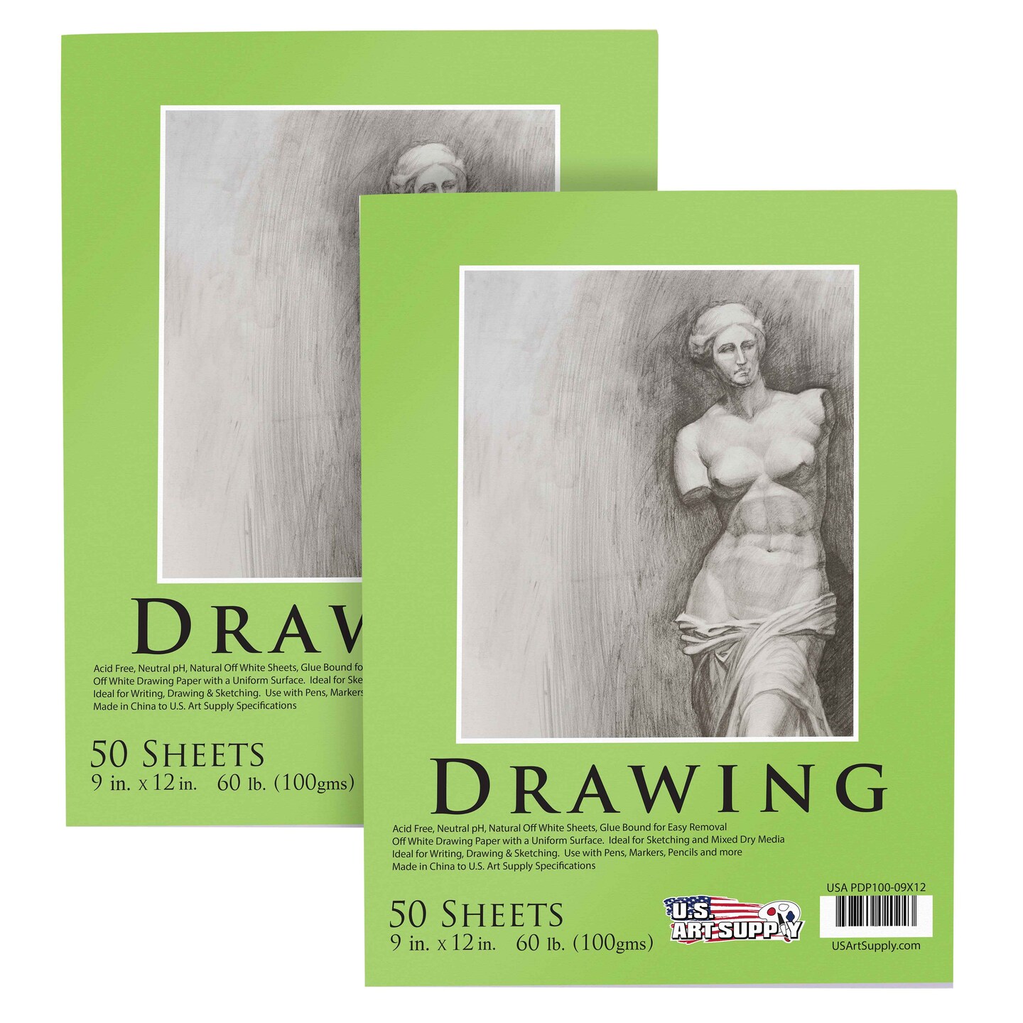 9&#x22; x 12&#x22; Premium Drawing Pad, Pack of 2 (50 Sheets Each), 60 lb (100 gsm) - Artist Sketch Book, Mixed Media Paper, Sketchbook for Drawing, Colored Pencils, Charcoal - Adults, Students