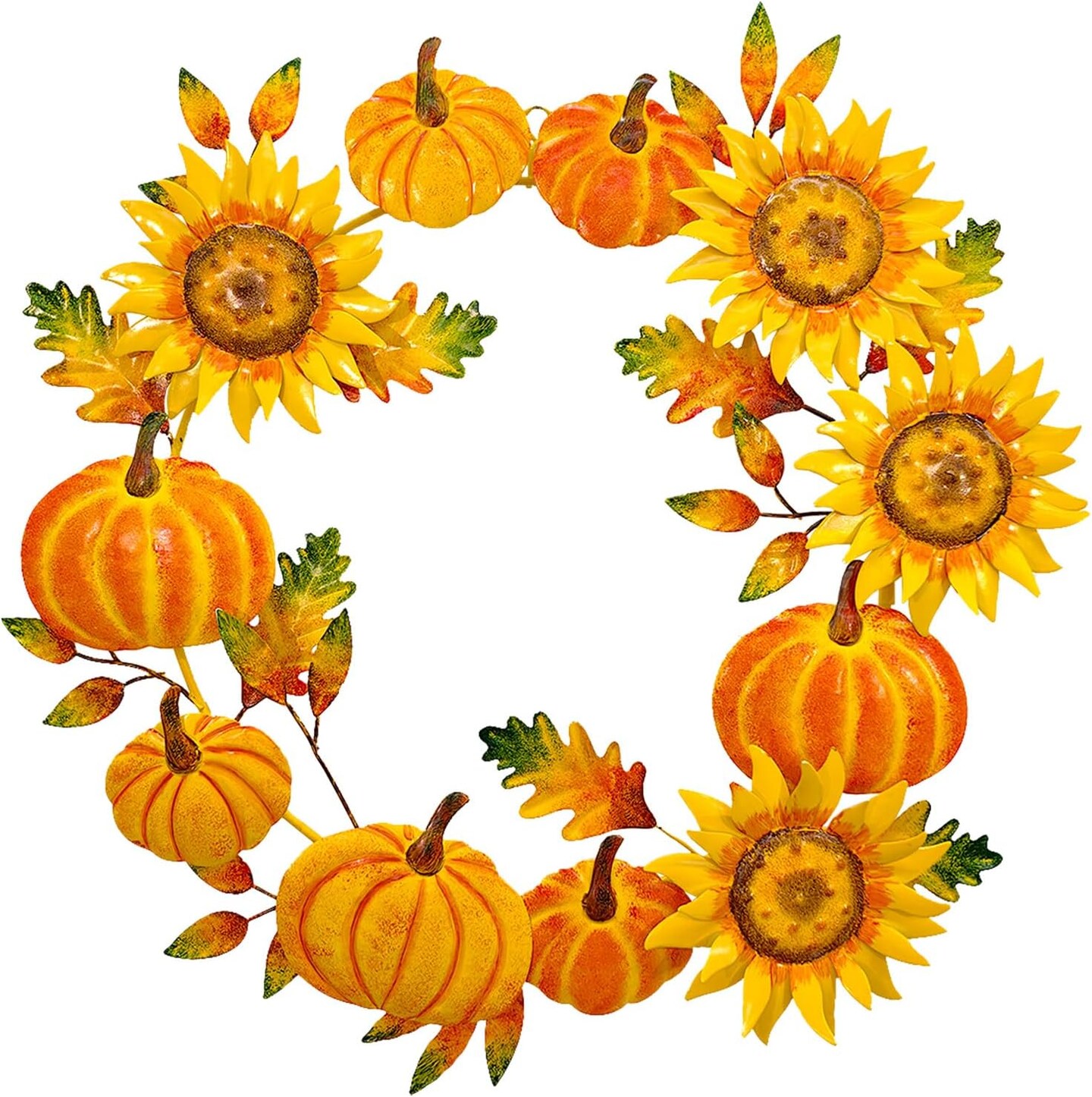 16’’Metal Fall Wreath Wall Decor, Sunflower and Pumpkin Handcrafted Autumn Harvest Door Decoration