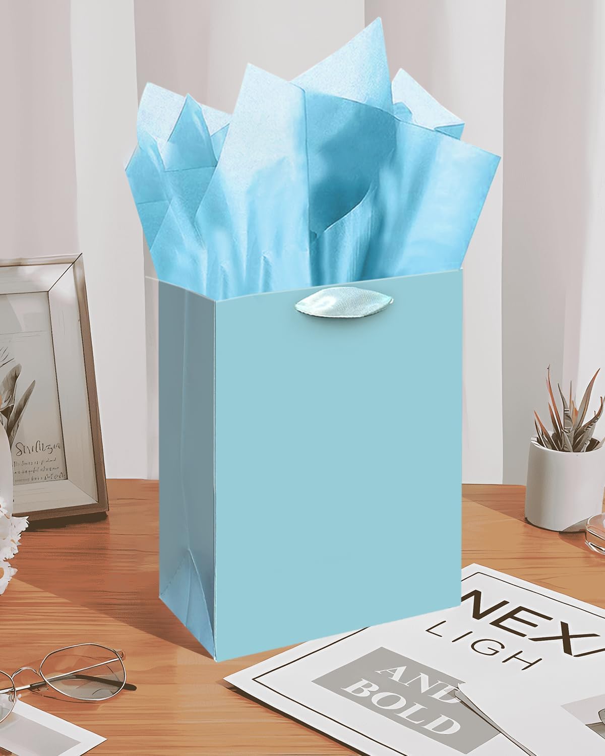 Lake Blue Gift Bags with Tissue Paper for Wedding, Birthday, Party Supplies - Medium Size Cardboard Gift Bags (5pcs + 10pcs Tissue Paper)