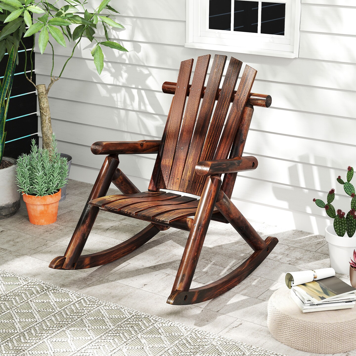 Brown Solid Fir &#x26; Pine Wood Adirondack Patio Rocking Chair