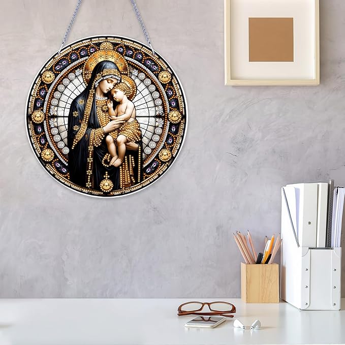 Religious Diamond Art Acrylic Hanging Kits for Adults, DIY Double Sided Special Shaped Christian Diamonds Painting Windows Pendant Ornament for Home Decor(Virgin Mary)