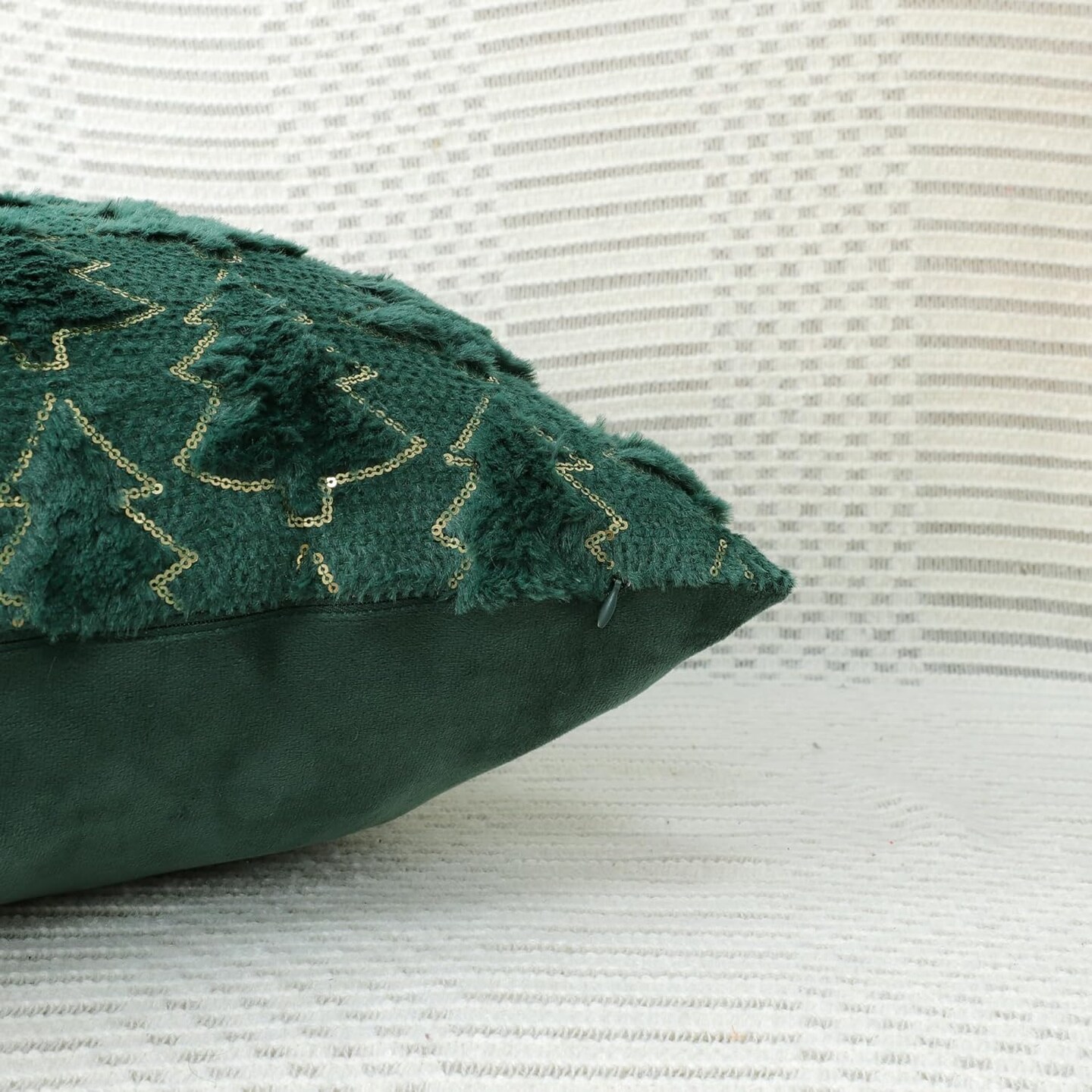 Christmas Tree Decorative Pillow Covers 18x18 Set of 2, Green Soft Plush Faux Fur Farmhouse Throw Cushion Cases for Xmas Winter Holiday Home Decorations