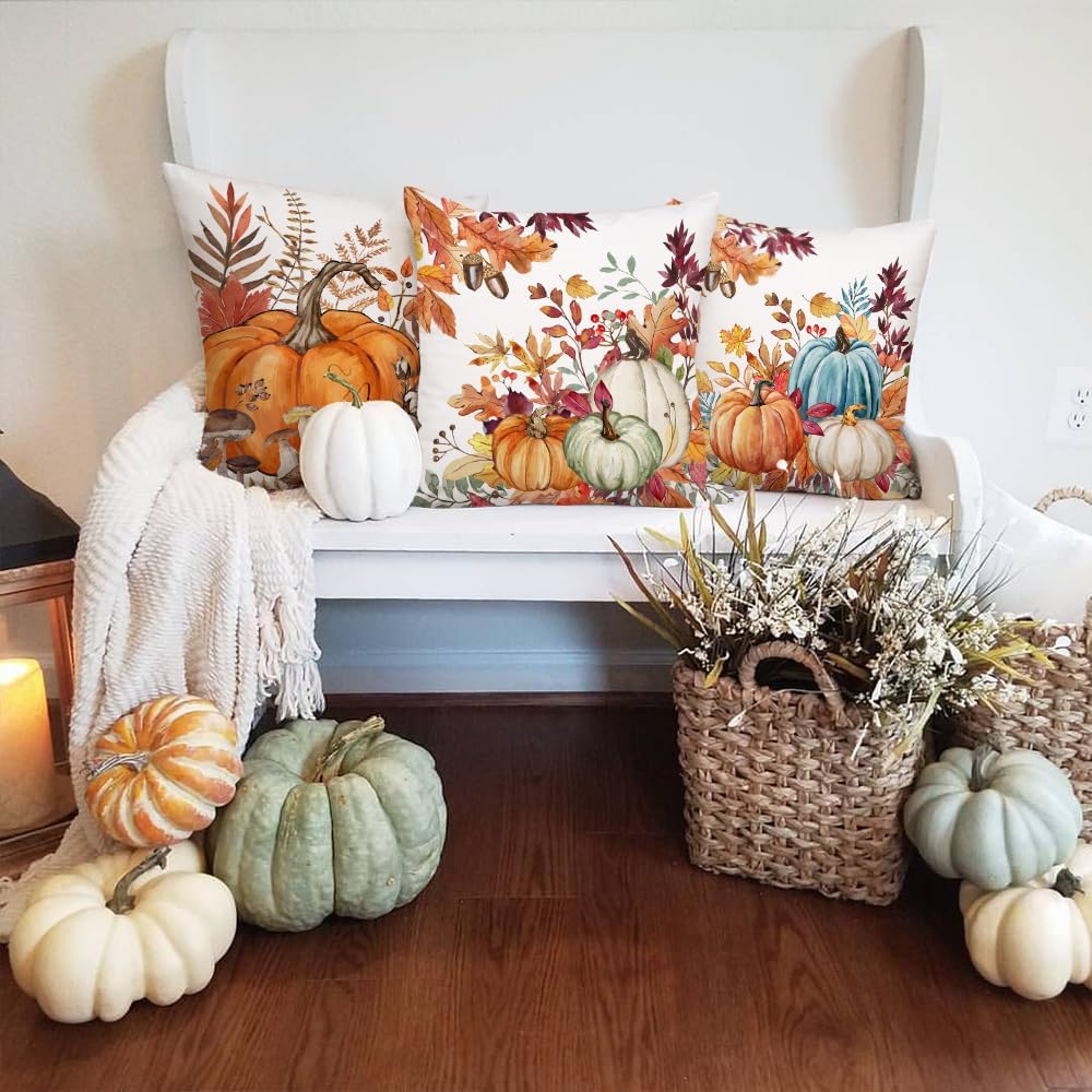 Fall Pillow Covers 18x18 Set of 2,Pumpkins Maple Leaves Decorations Floral Farmhouse Autumn Throw Pillow Case Decor for Home Sofa Couch AA559-18-2