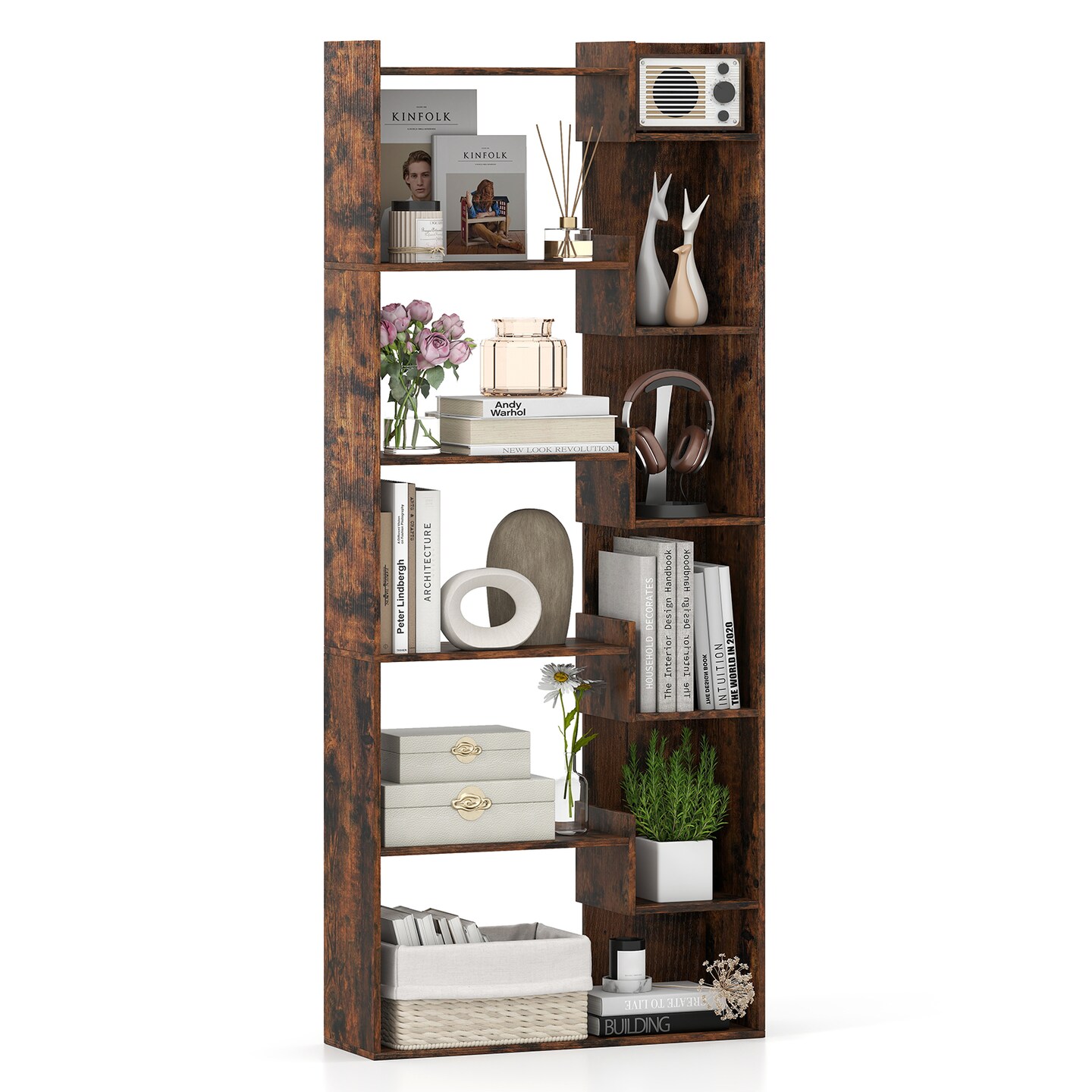 Wooden 6-Tier Bookshelf with Wall Anchor Kit and Open Shelves for Living Room