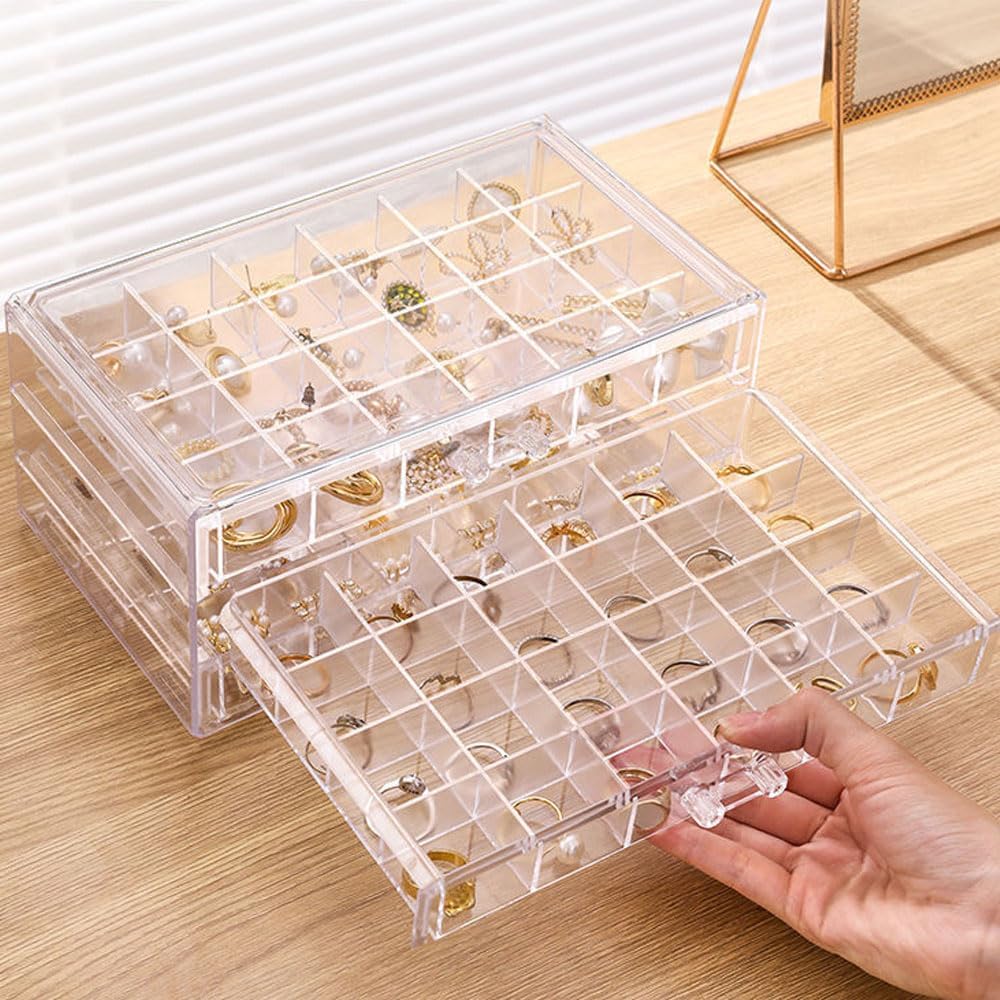 Earring Organizer Box Clear Storage Acrylic for Earrings Necklace Organizer Jewelry Box with 72 Grids Storage Compartments Transparent Ring Clear Jewelry Organizer