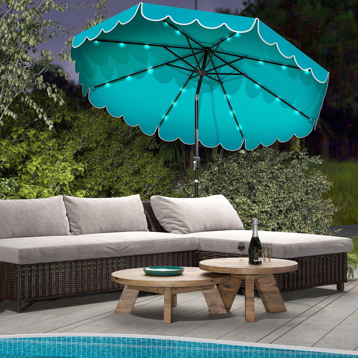 Polyester Auto-Tilt Solar Patio Umbrella with LED Lights and 10x8.3 ft Shade