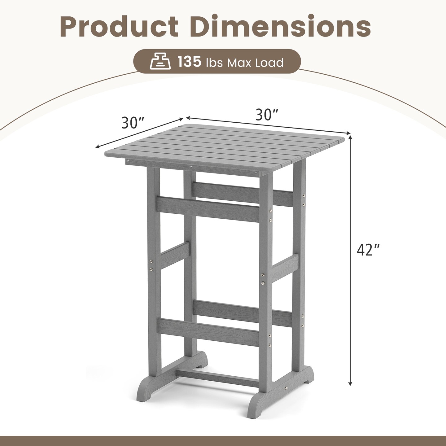 Modern 30 Inch Square Bar Table with Slatted Design for Poolside and Balcony