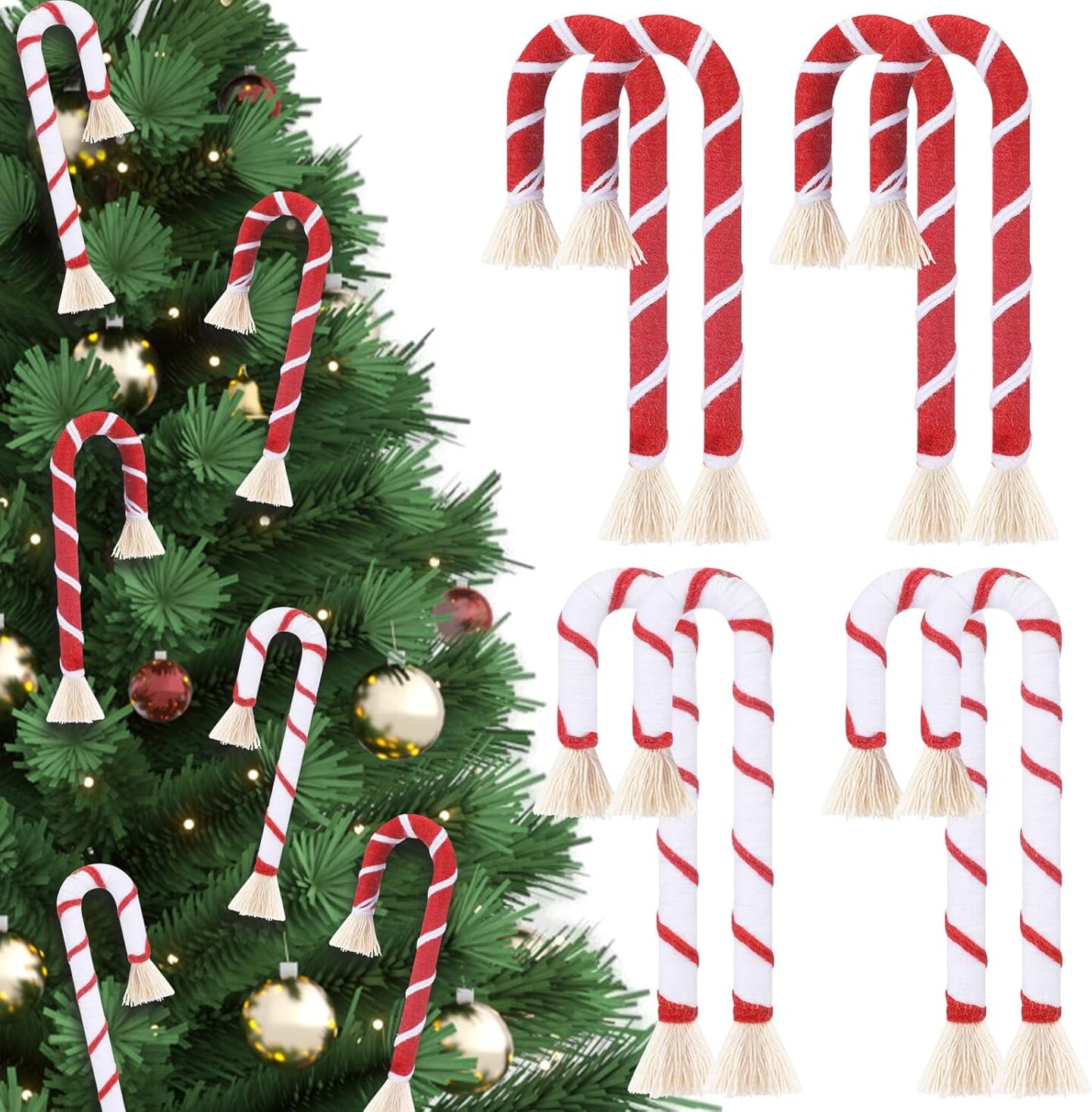 8 Pcs Christmas Macrame Candy Cane Ornaments (5 Inch)