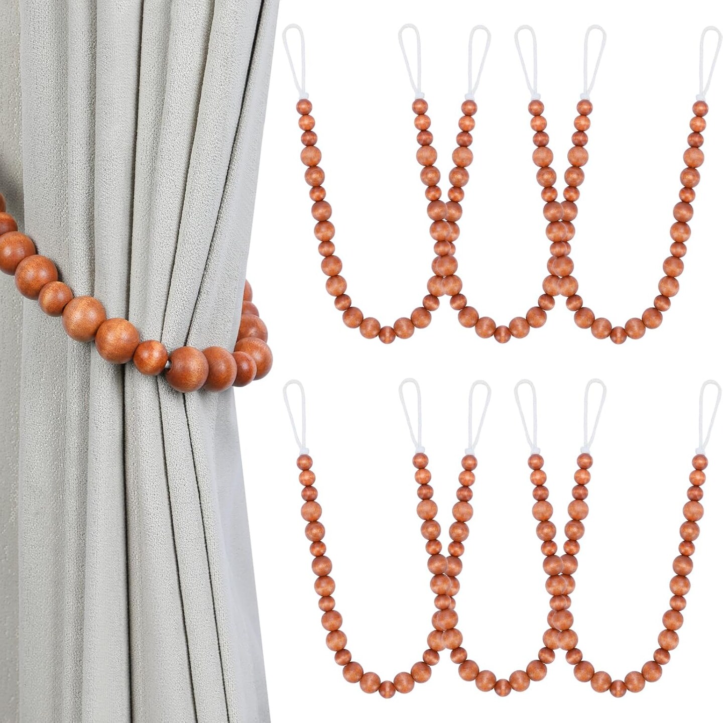 Wood Bead Curtain Tiebacks Set of 6 Curtain Holdbacks for Thin