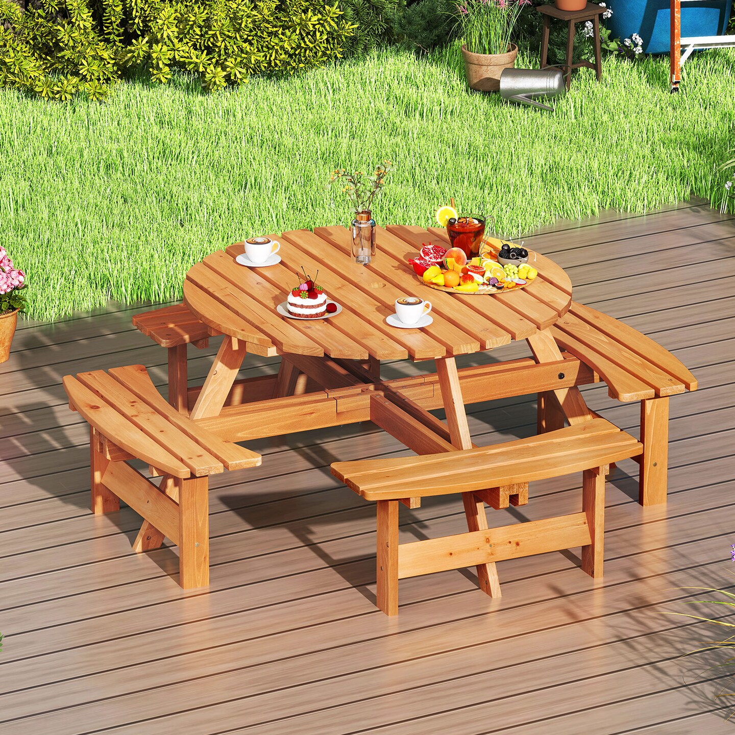 Fir Wood Round Picnic Table Set with 4 Benches and Umbrella Hole