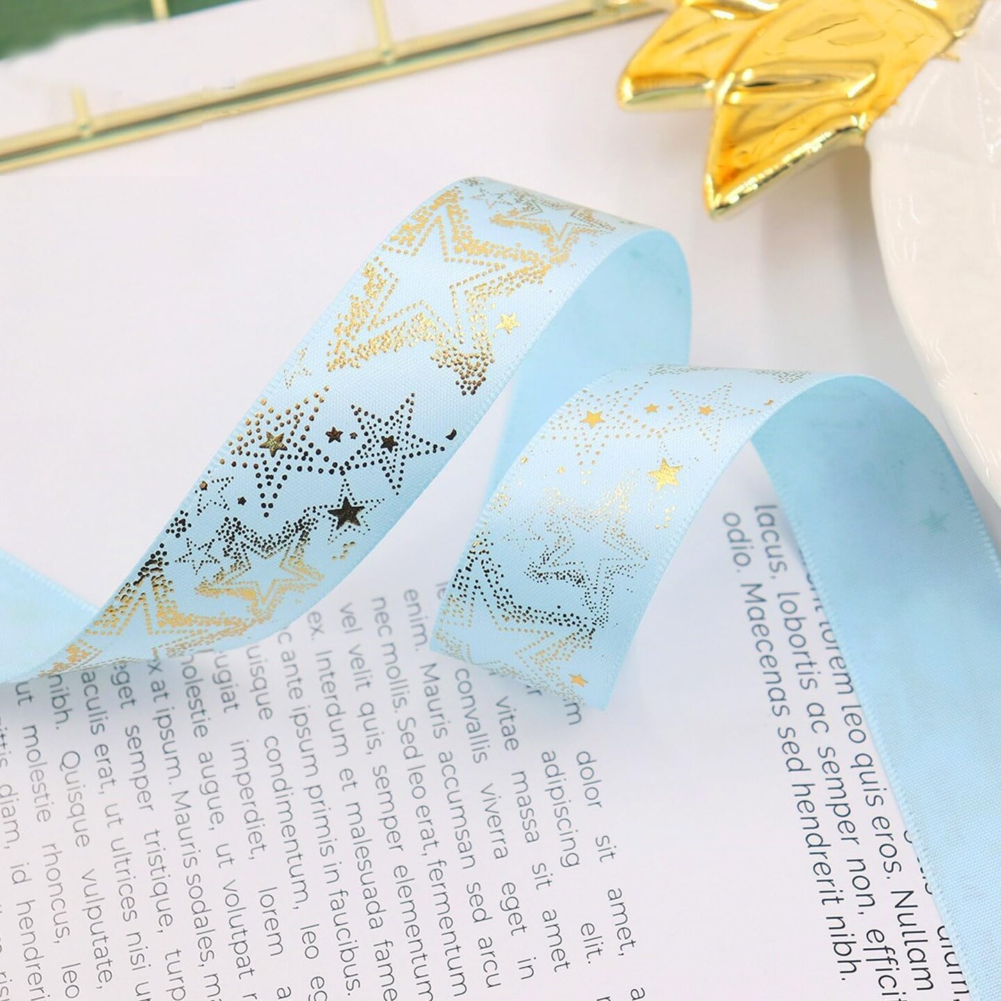 Light Blue Satin Ribbon with Gold Star -7/8 Blue Satin Ribbon (22mm 10 Yards for Gift Wrapping