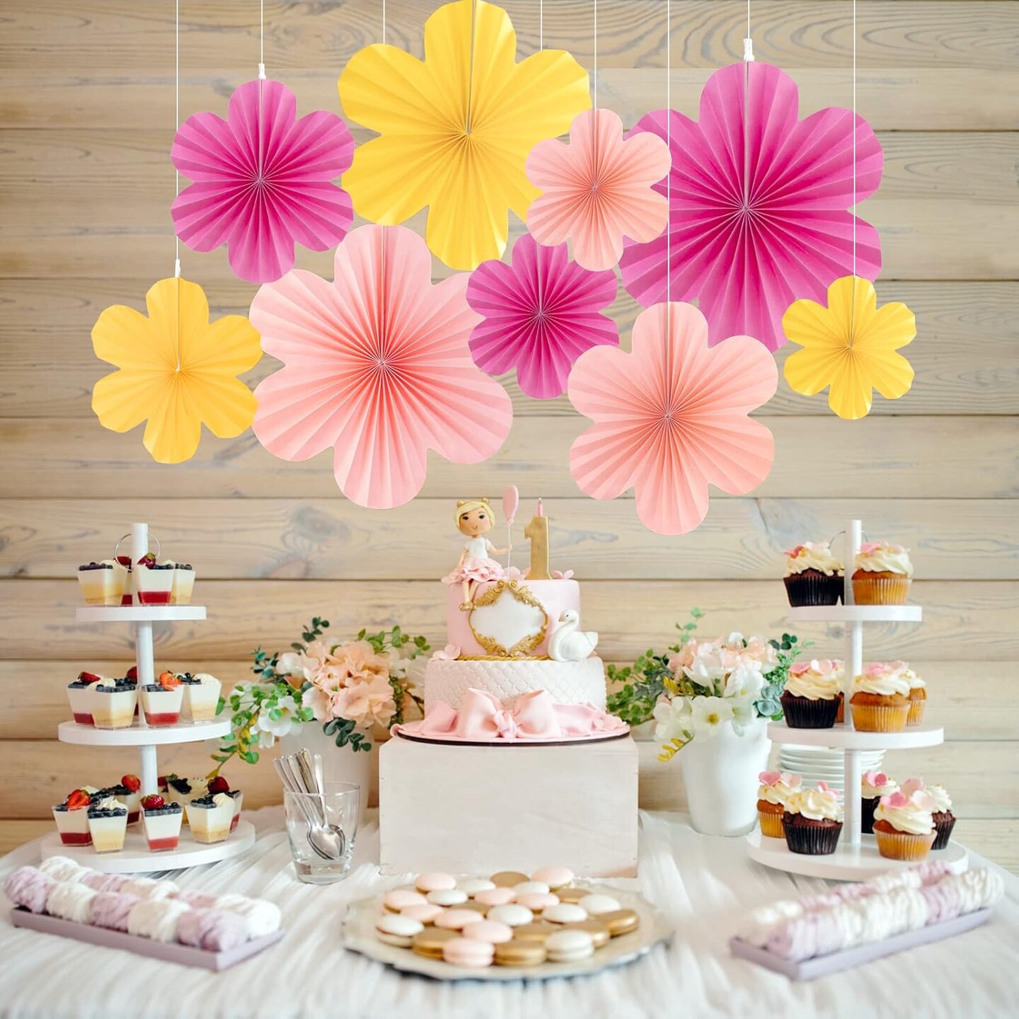 Paper Flowers Decorations for Wall Paper Fans Classroom Decoration Paper Floral Backdrop Decor Paper Fans Decoration Hanging Paper Fans Pink Flower Wall Decor, Set of 9