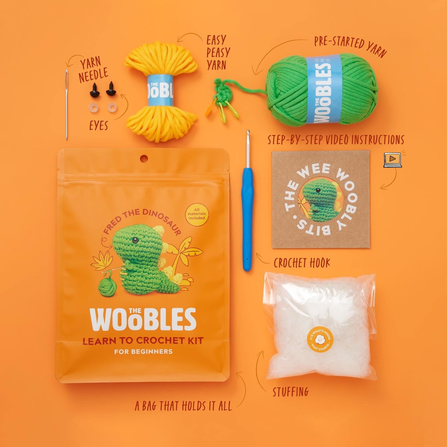 The Woobles Beginners Crochet Kit with Easy Peasy Yarn as seen on Shark Tank - with Step-by-Step Video Tutorials - Fred The Dinosaur