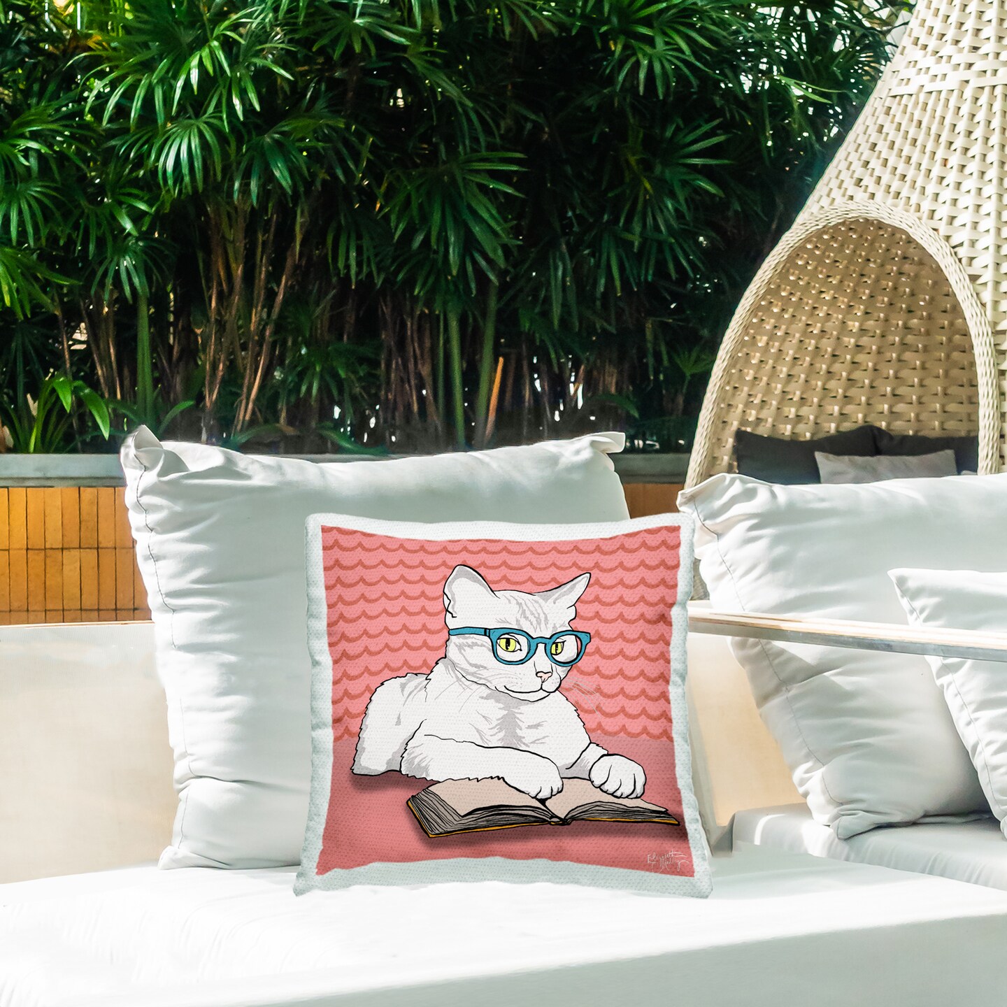 Stupell Industries Studious Cat Reading Outdoor Printed Pillow, design by Elizabeth Medley, 18 x 7 x 18