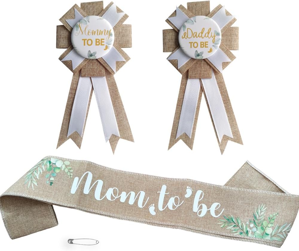 Sage Green Baby Shower Mom to Be Sash & Dad to Be Badge Set for Gender Reveals Party Decorations Mommy to Be Sash Baby Shower Photo Props Pregnant Mommy Gift