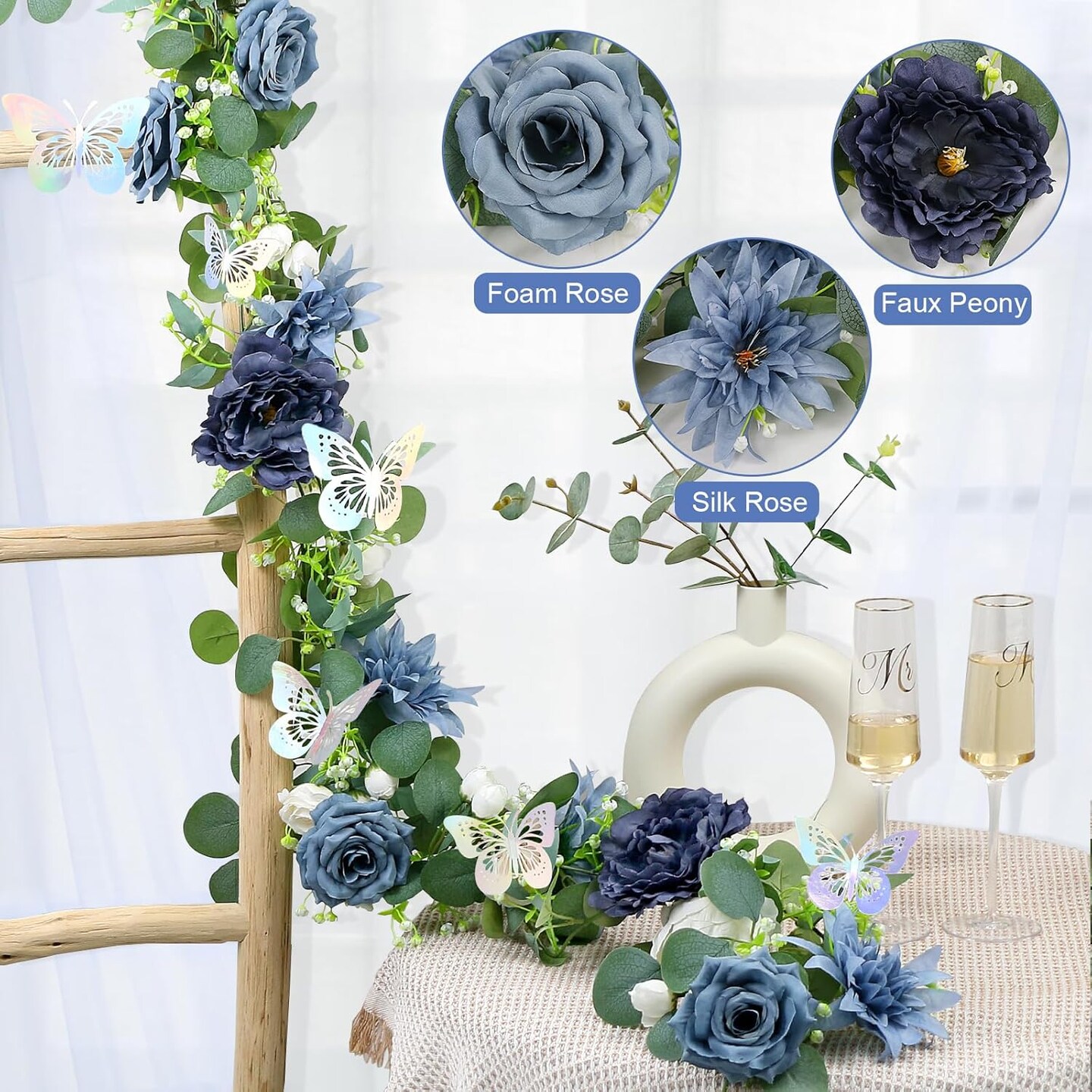 Eucalyptus Spring Garland with Flowers - 2 Pack 5.9 FT Fake Flower Garland with Butterflies Faux Rose Greenery Garlands for Wedding Table Backdrop Arch Centerpieces Decorations - Navy Blue