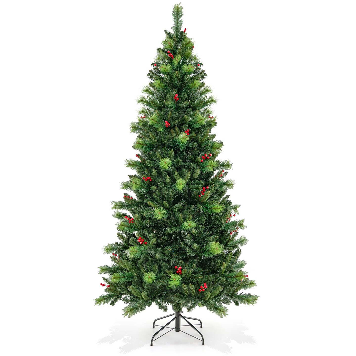Green Pre-Lit Artificial Christmas Tree with LED Lights, Red Berries and Hinged Branches