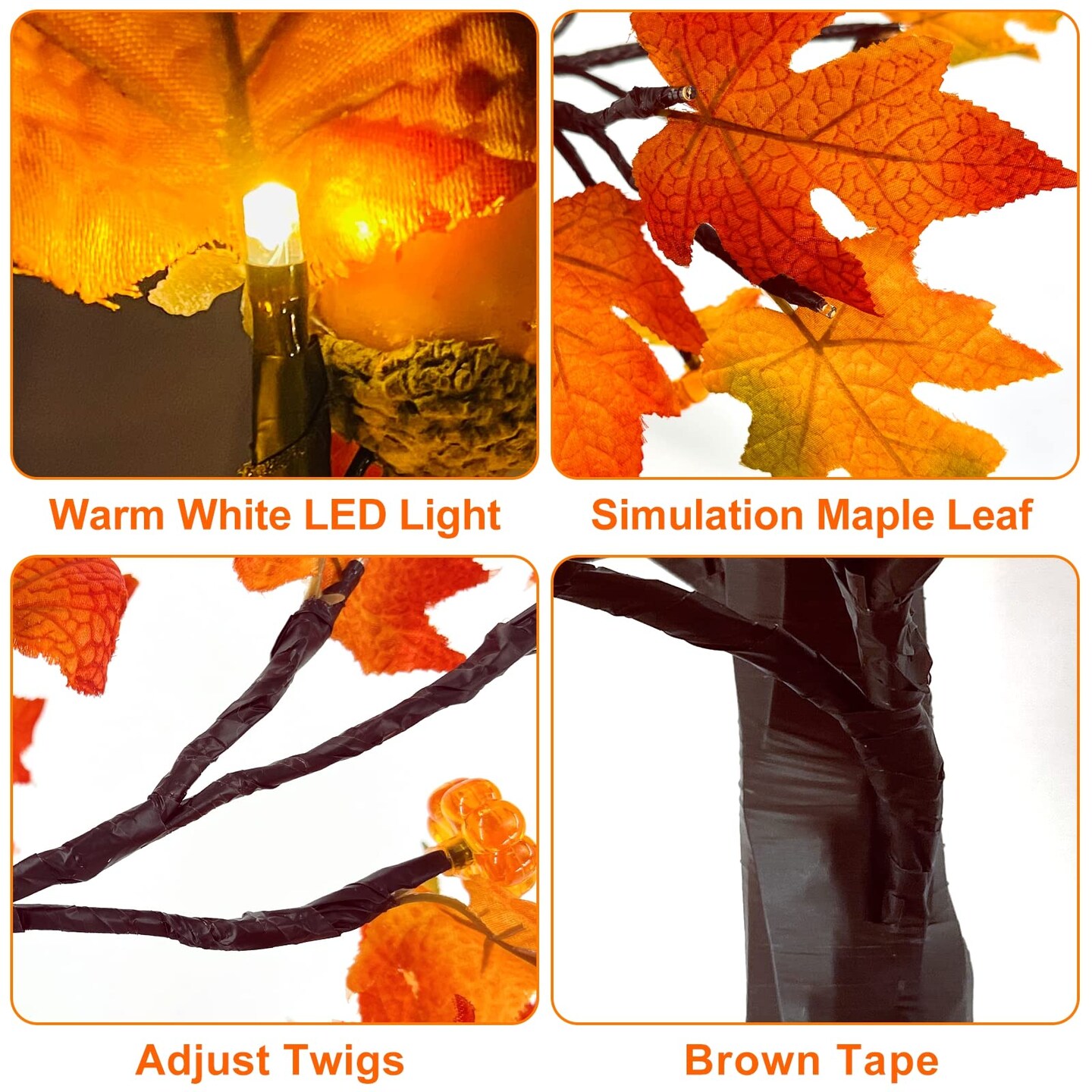 [ 2 Pack &#x26; Timer ]   24 Inch Lighted Maple Tree Fall Decor, Total 48 LED Battery Operated Tabletop Artificial Tree Design Patent Pumpkin &#x26; Acorn Thanksgiving Halloween Decoration Home Indoor  &#x26; Organizer Storage Tote Bag