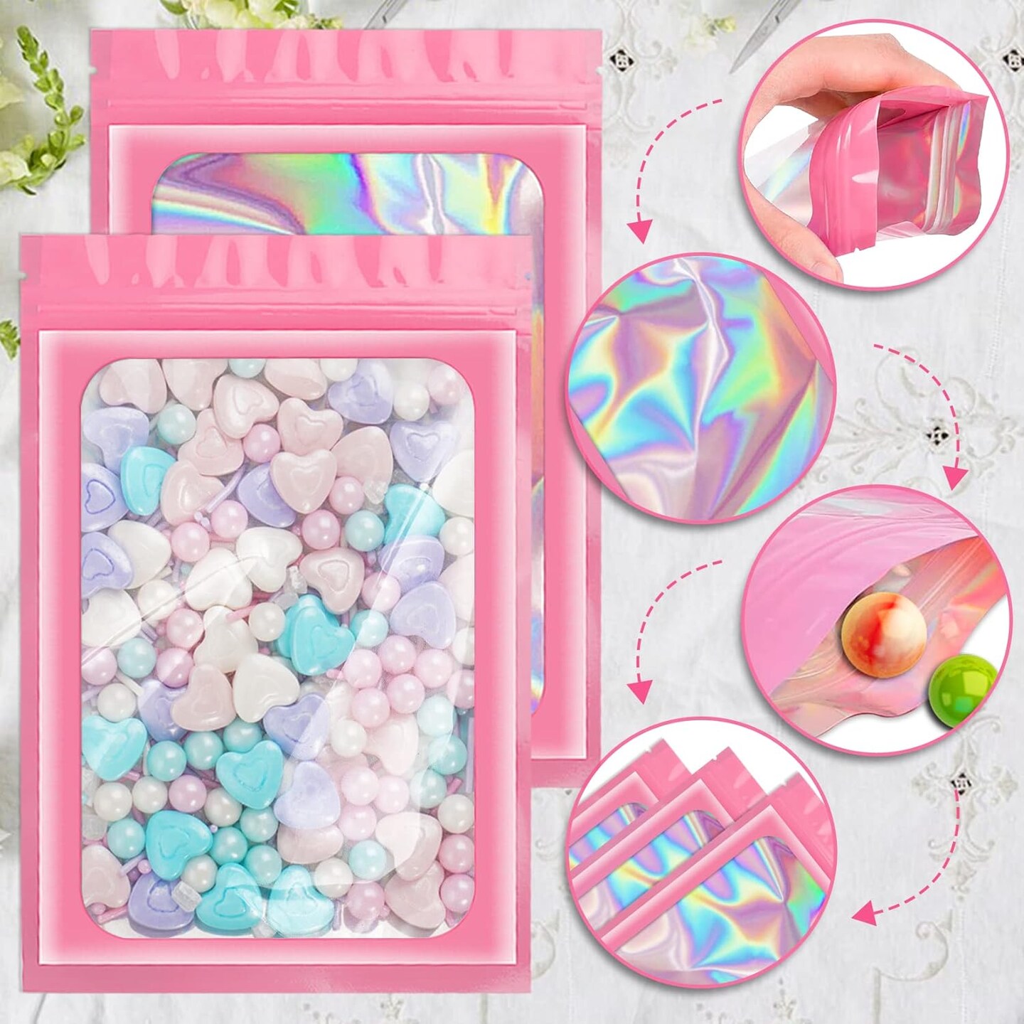 100 Pack Holographic Bags, Resealable Bags Packaging Bag with Clear Window Resealable Odor Foil Pouch for Food Storage, Lipgloss&Jewelry Lash Packaging(Pink, 2.4 x 3.9 Inch)