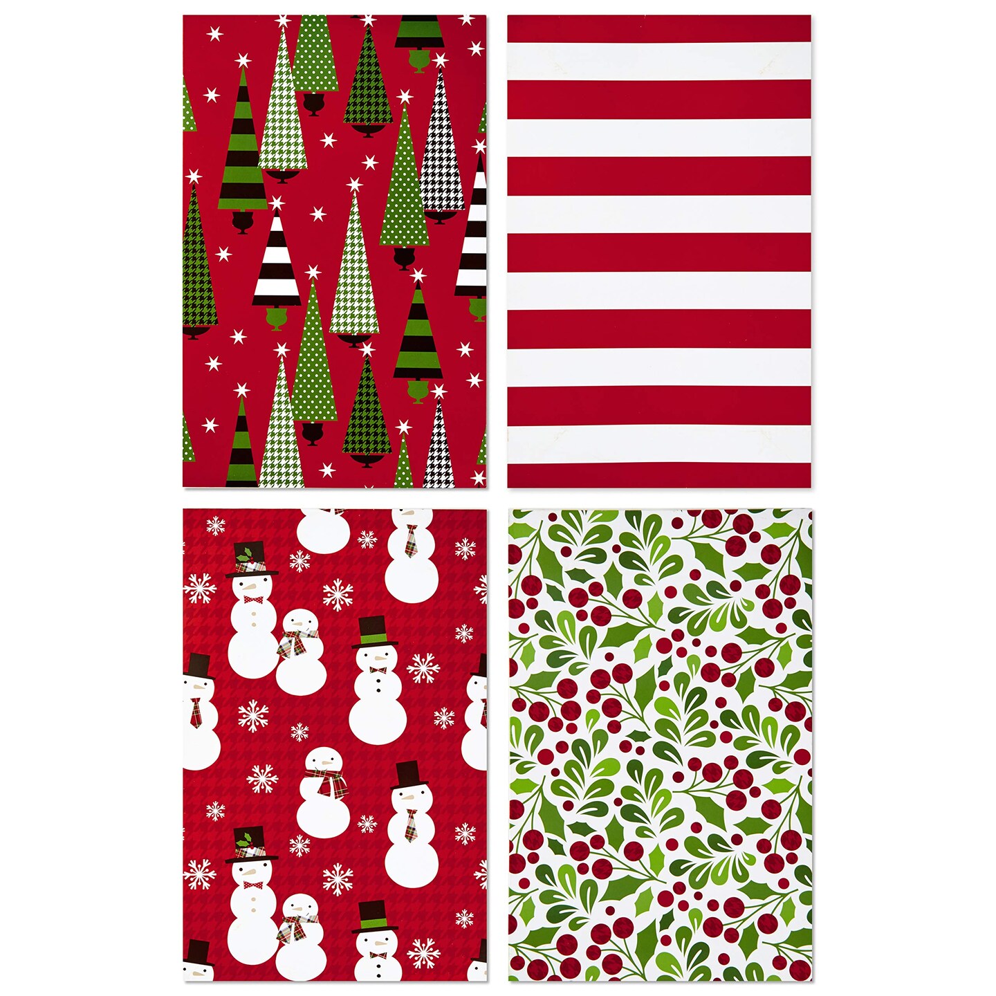 Medium Christmas Gift Boxes with Lids (12 Shirt Boxes, 4 Designs: Trees, Stripes, Snowmen, Holly) for Christmas, Holiday Parties, Hostess Gifts