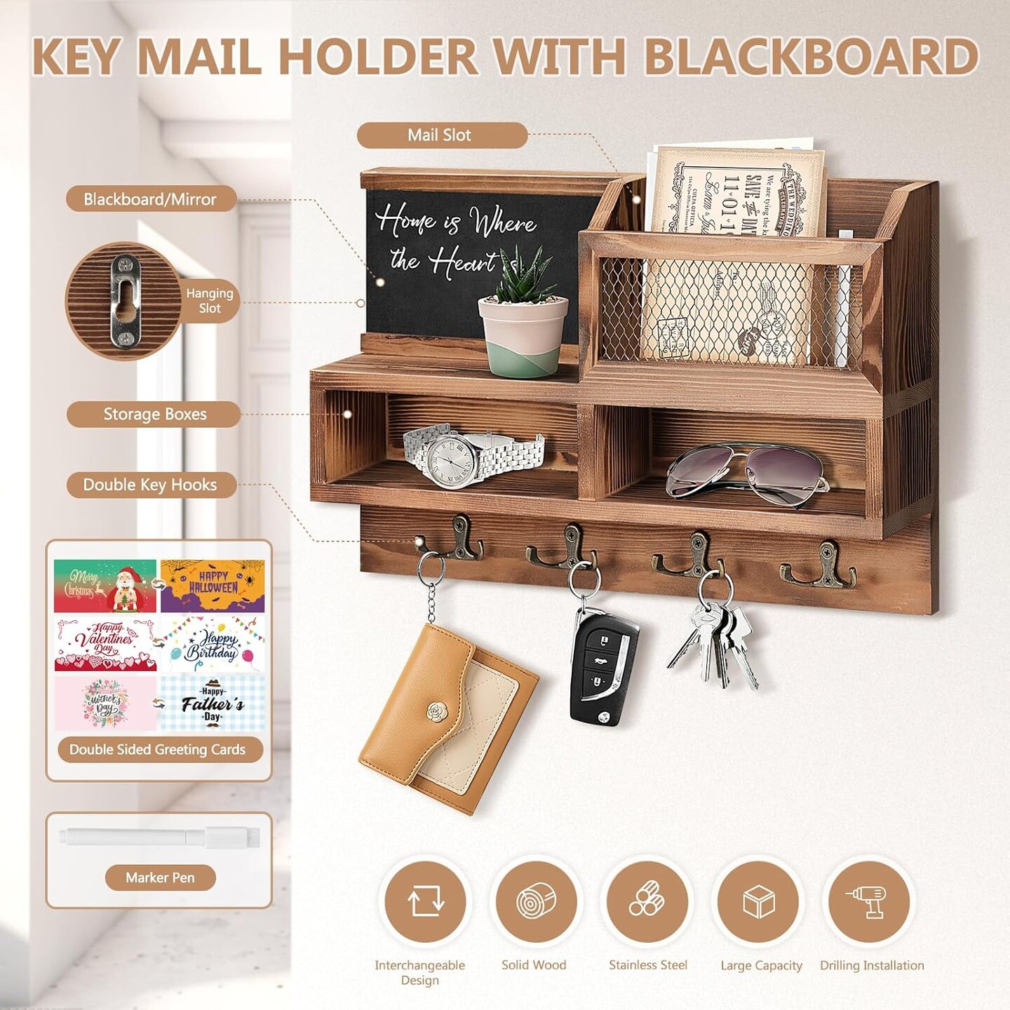 Key Holder Wall Mount, Wooden Mail and Key Organizer with Chalkboard and Mirror, 3 Greeting Cards, 8 Hooks, Brown, Type 1