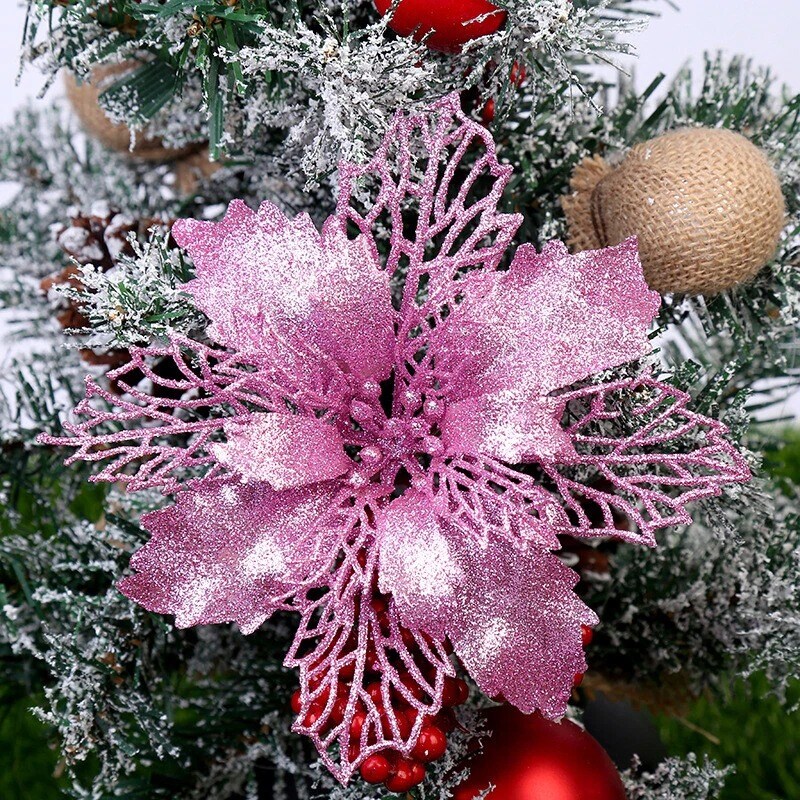 10Pcs Glitter Christmas Poinsettia Hanging Flowers Xmas Tree Decor
