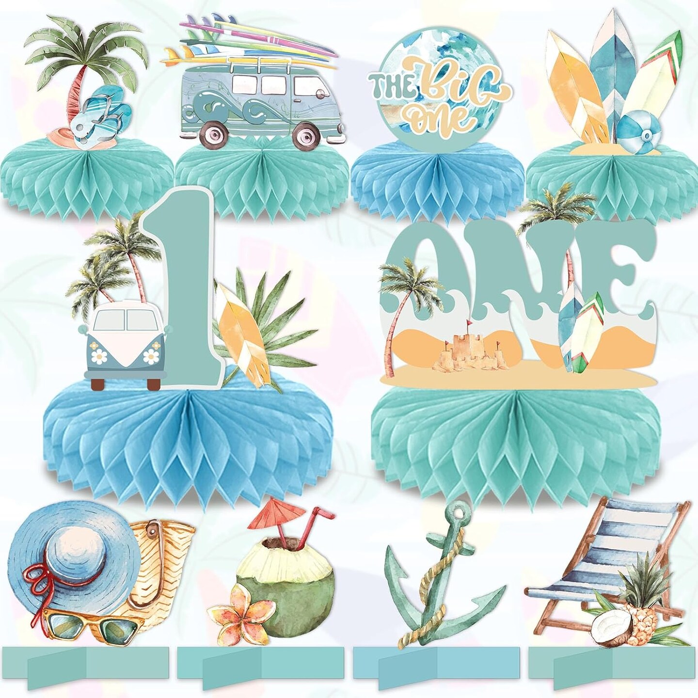 10Pcs The Big One Honeycomb Centerpieces for Summer Beach 1st Birthday Party Decoration Surfing Beach 1 Year Old Birthday Table Centerpieces Supplies for Baby Kid Birthday Table Topper Decor