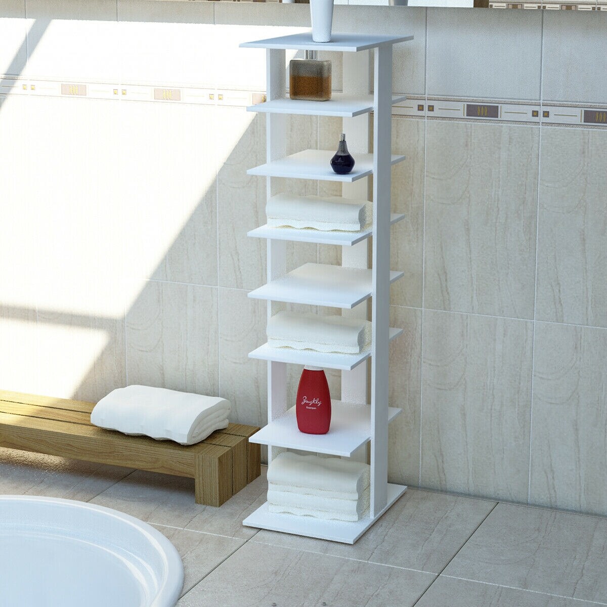 White MDF 7-Tier Shoe Rack with Removable Shelf and Water-Resist Finish for Bathroom Essentials