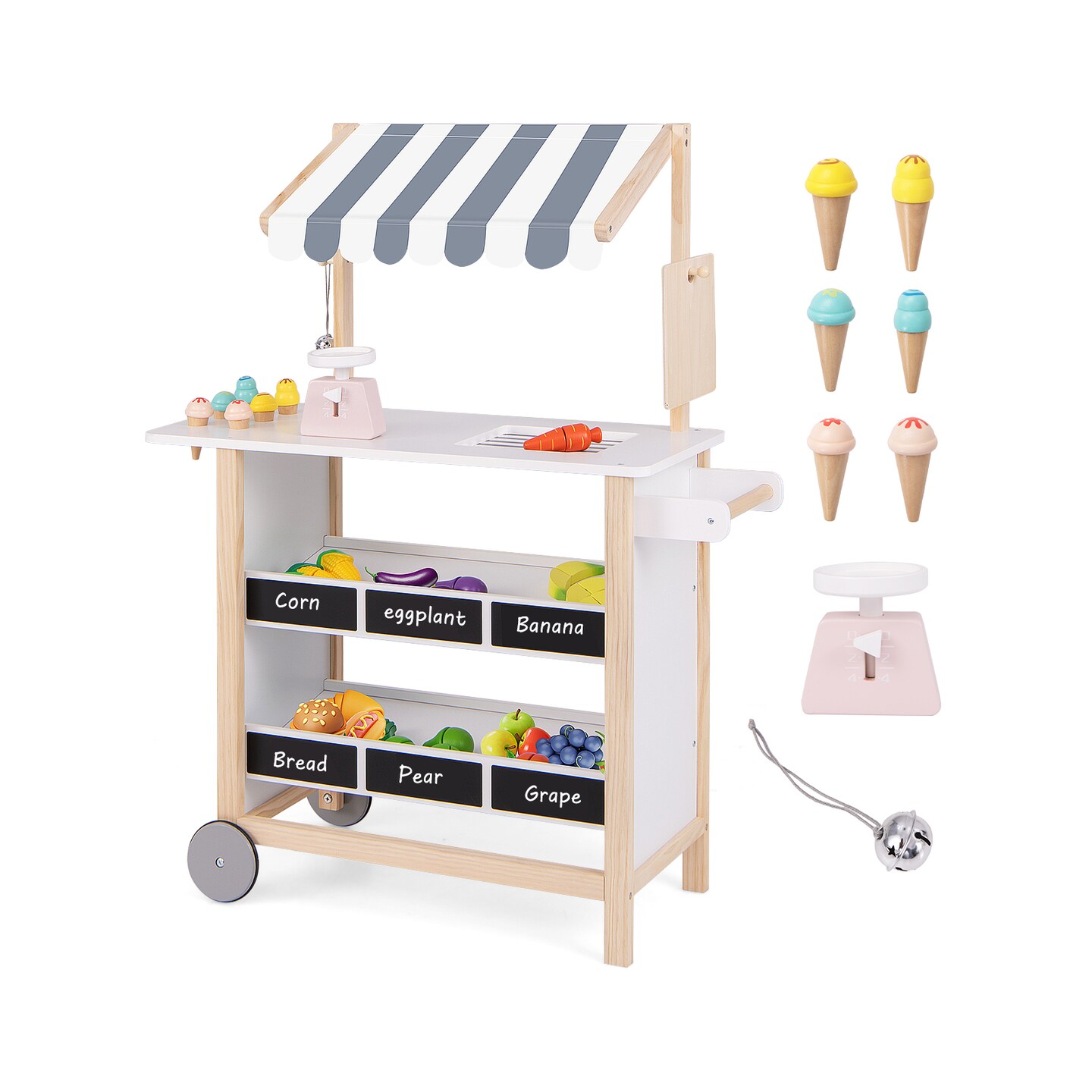 Wooden Ice Cream Cart for Children with Chalkboard Storage and Toy Pieces