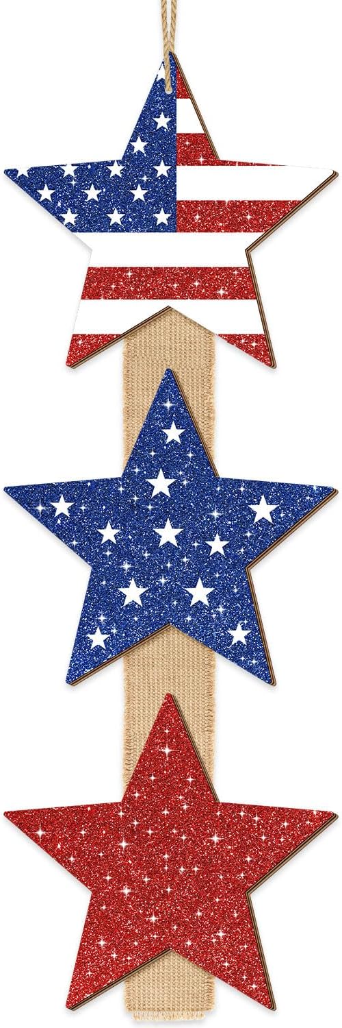 4th of July Stars Door Sign Decorations, Patriotic Star Glitter Wooden Signs Red White Blue Independence Day Wreath with Burlap, Memorial Day Door Hanger for Porch Wall Home Decor 3 Plaques