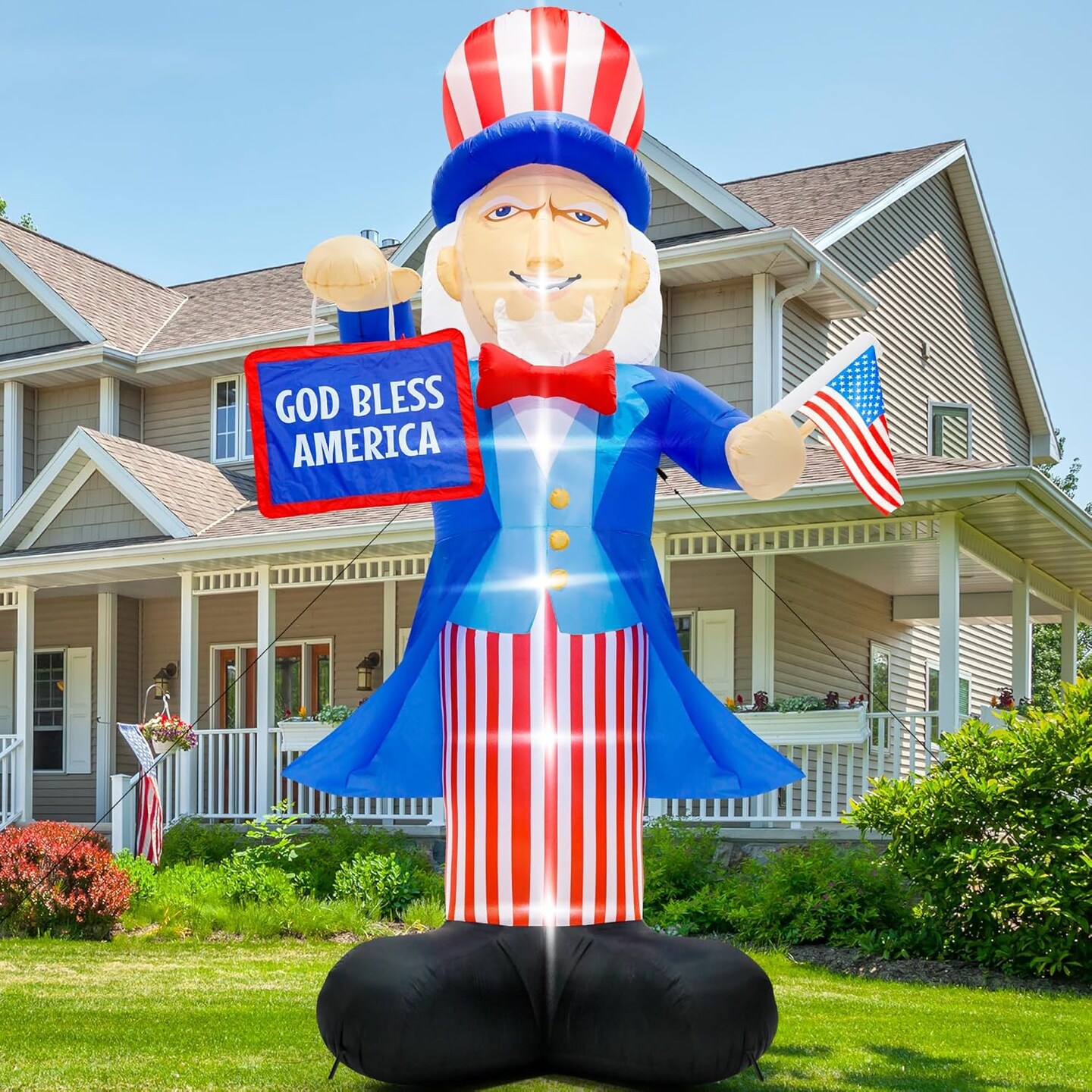 14ft 4th of July Inflatable Uncle Sam Outdoor Decoration - Giant Blow Up with "God Bless America" Sign & US Flag - Patriotic LED Lighted Decor for Yard, Garden & Independence Day Party