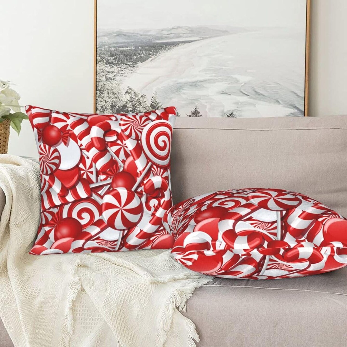 Christmas Candies Throw Pillow Covers 18 X 18 Inch Set of 2 Pillow Cases Decoration Cushion Cover for Sofa Bedroom Living Room Outdoor