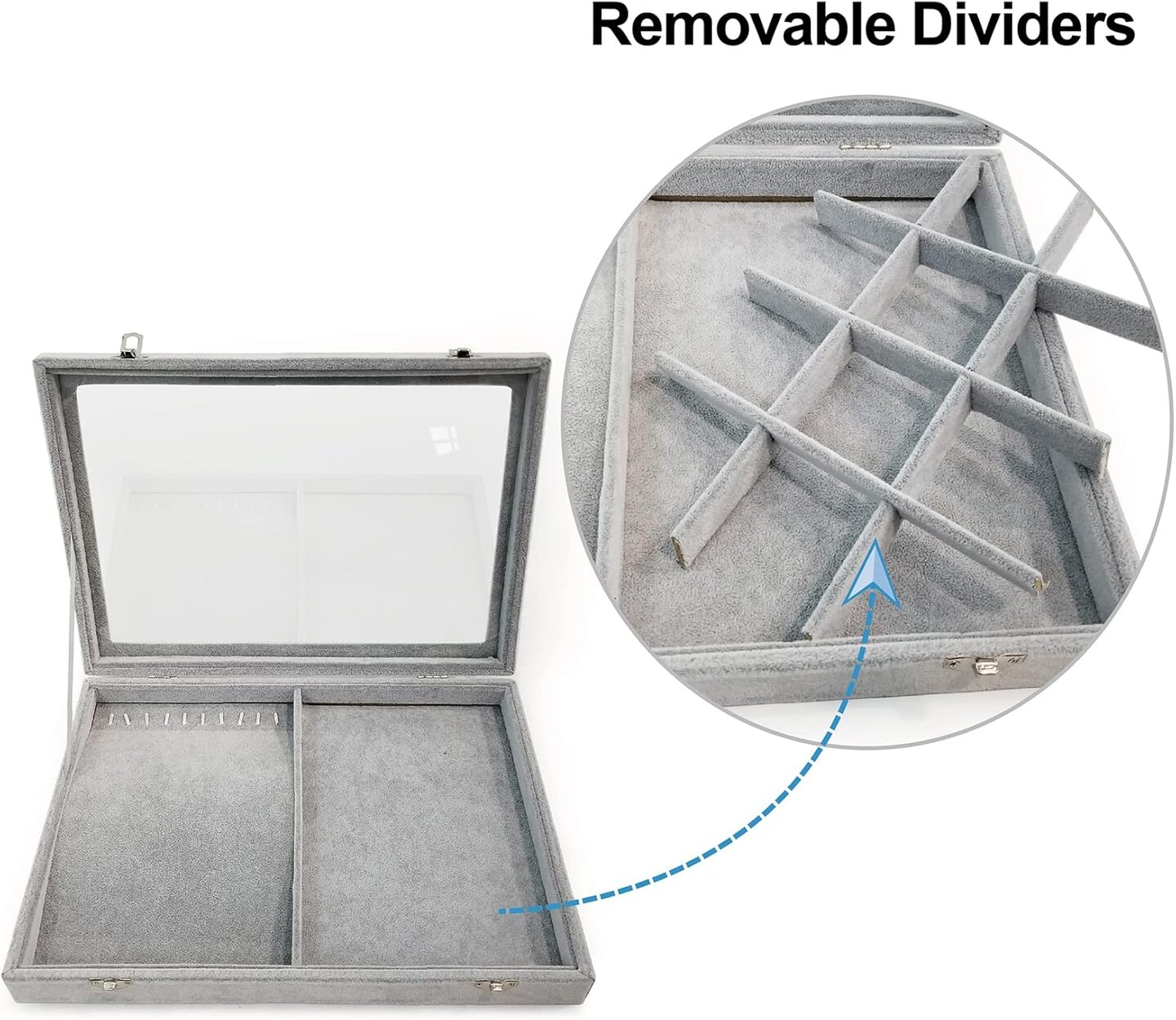 Ice Velvet Jewelry Box Display Case with a Clear Glass Window,10 Hooks Necklace Organizer Box and 12 Grids for Earrings Rings Storage Grey