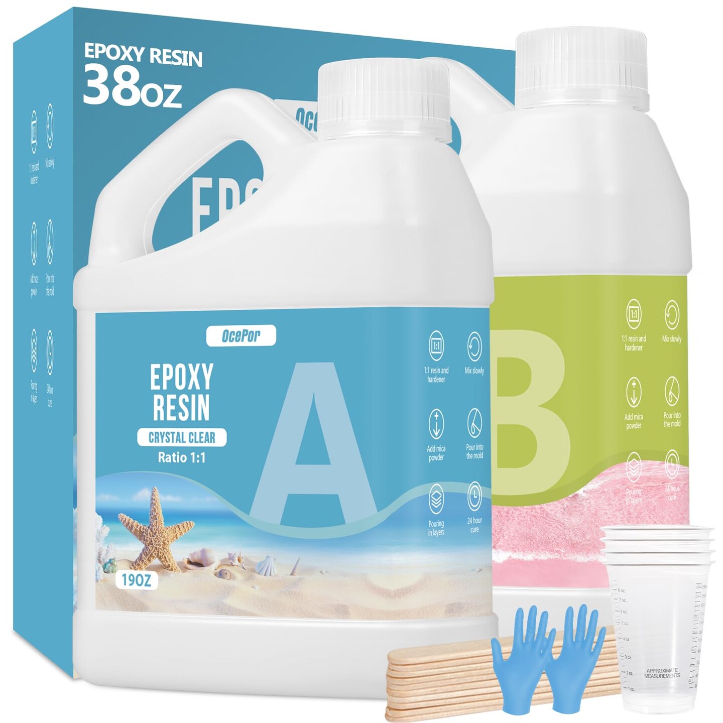 Epoxy Resin-38OZ, Crystal Clear Epoxy Resin Kit, No Yellowing No Bubble Art Resin Casting Resin for Art Crafts, Jewelry Making, Wood & Resin Molds(19OZ x 2) & Organizer Storage Tote Bag