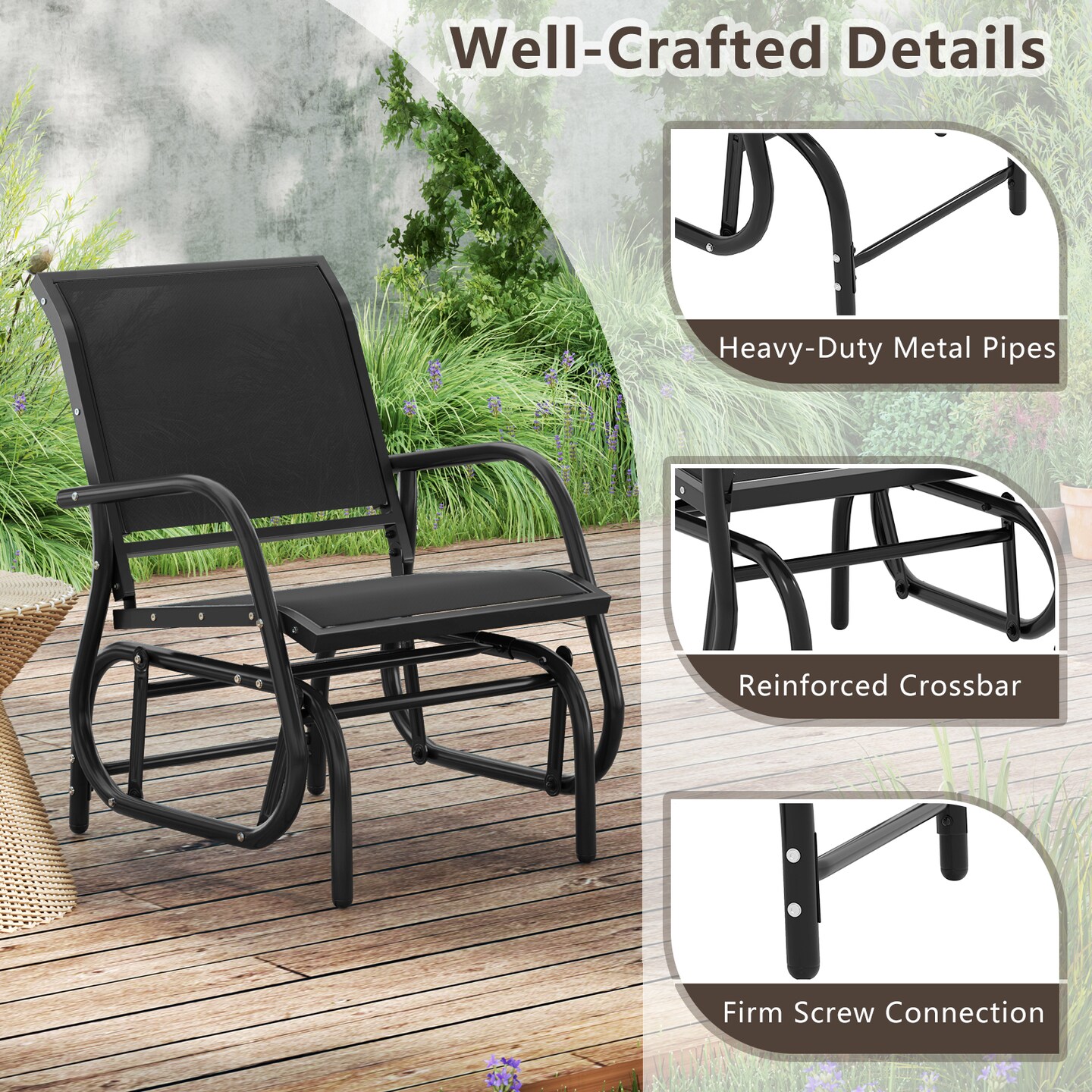 Black Steel Frame Swing Rocking Chair Durable Outdoor & Indoor Glider with Water-Resistant Fabric