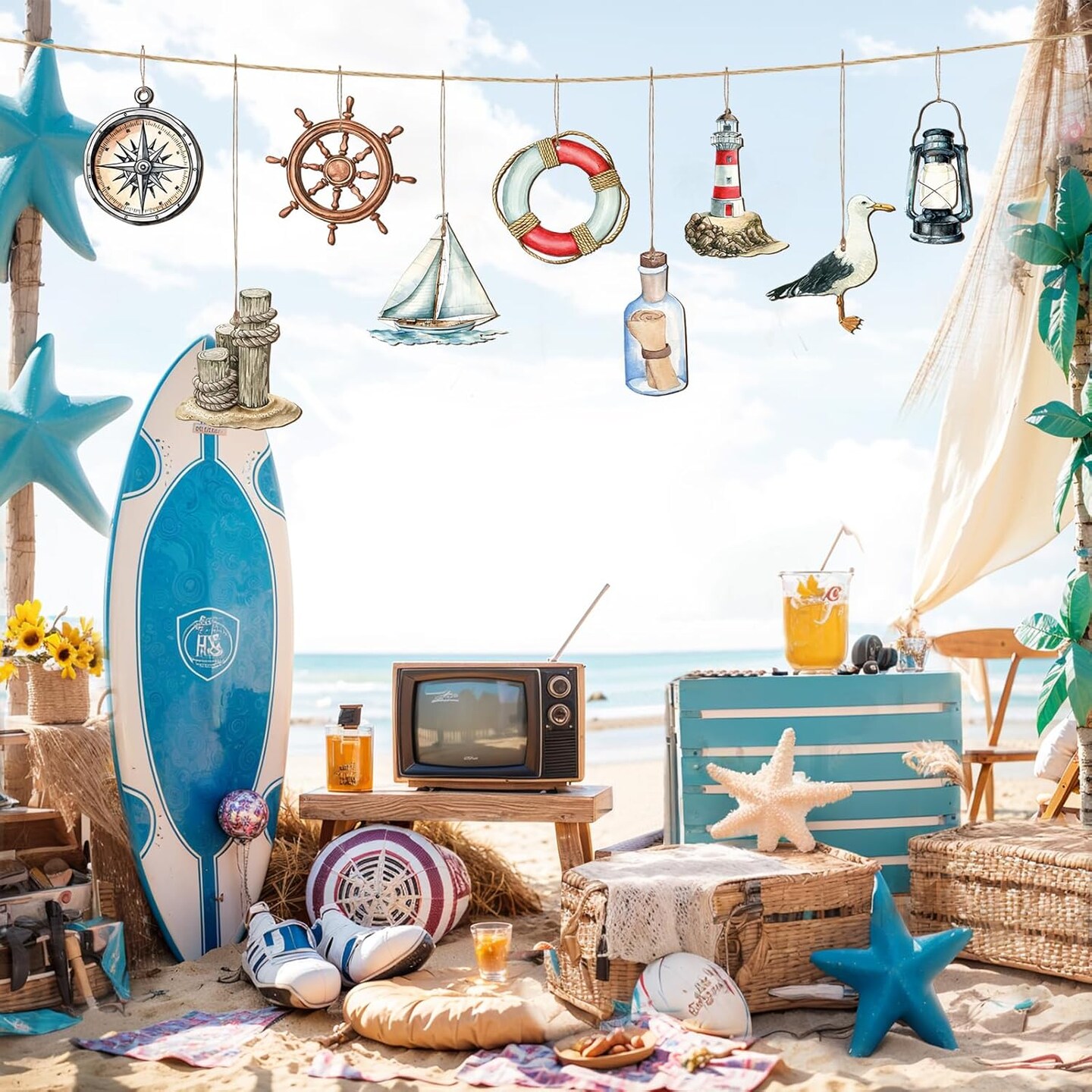 36 Pcs Summer Tree Ornaments, Ocean Beach Wooden Ornaments Marine Animals Hanging Decorations Summer Decor for Small Tree Home Party Birthday Holiday Supplies (Beach Sea)