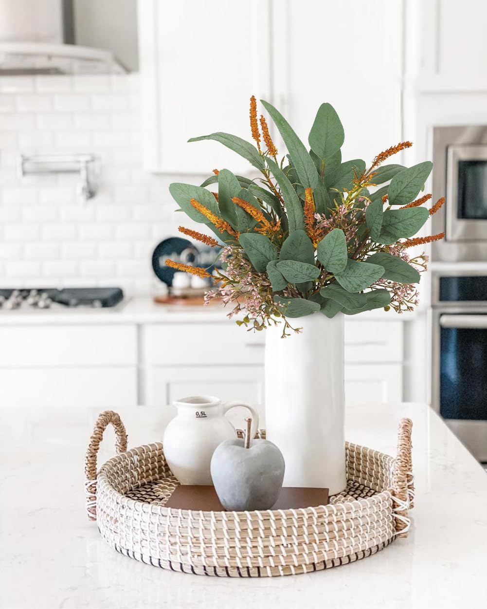Fall Artificial Eucalyptus Bouquet with Orange Sage Leaves – 18.9" Autumn Faux Greenery Bush with Raffia Wrap for Farmhouse Decor, Thanksgiving, Table Centerpieces & Seasonal Home Styling