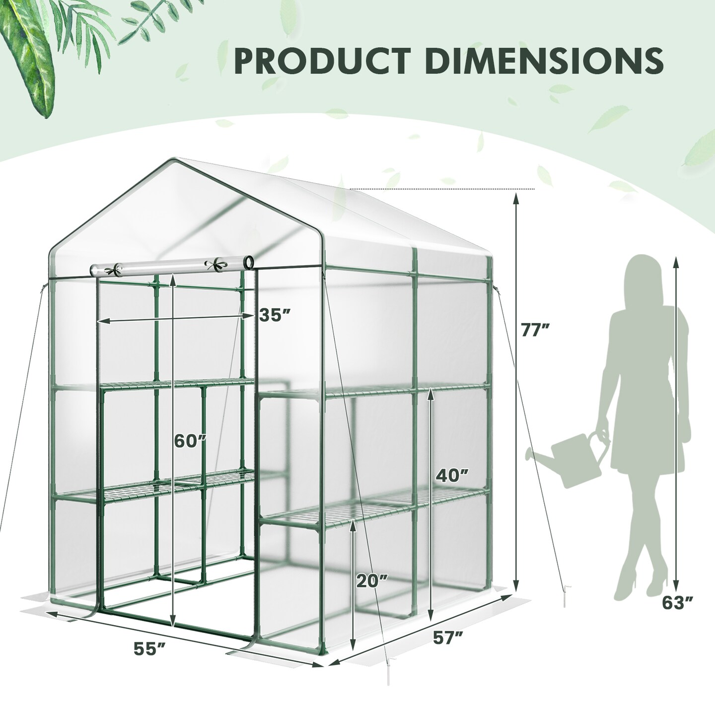 3-Tier Walk-In Greenhouse with Metal Frame Transparent Cover and Wind Ropes for Plant Growing