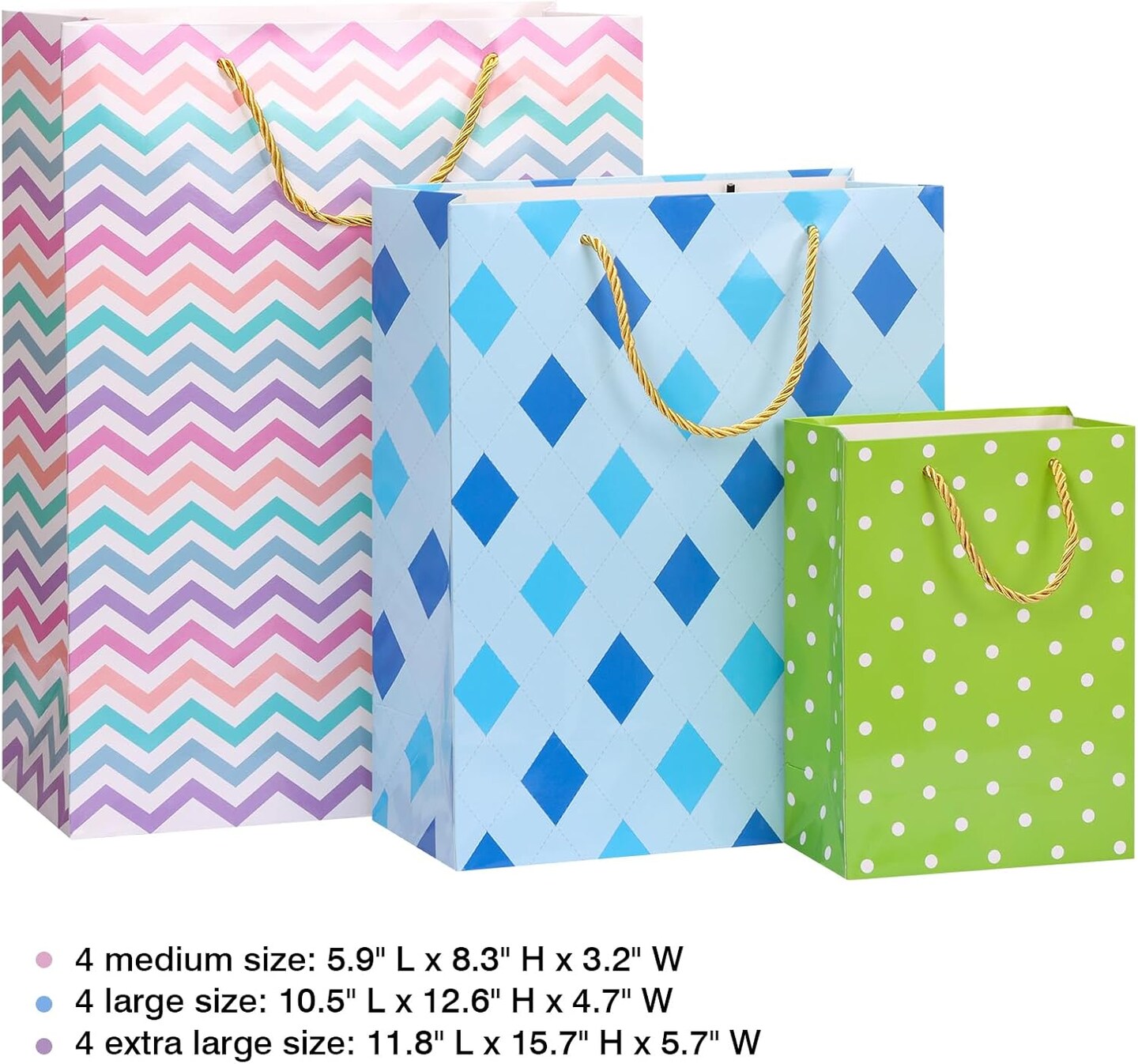 12pcs Paper Gift Bags Assorted Sizes with Tissue, Birthday Gift Bags 3 Sizes (4 Medium/4 Large/4 Extra Large) - For Birthday, Baby Showers, Party & Wedding