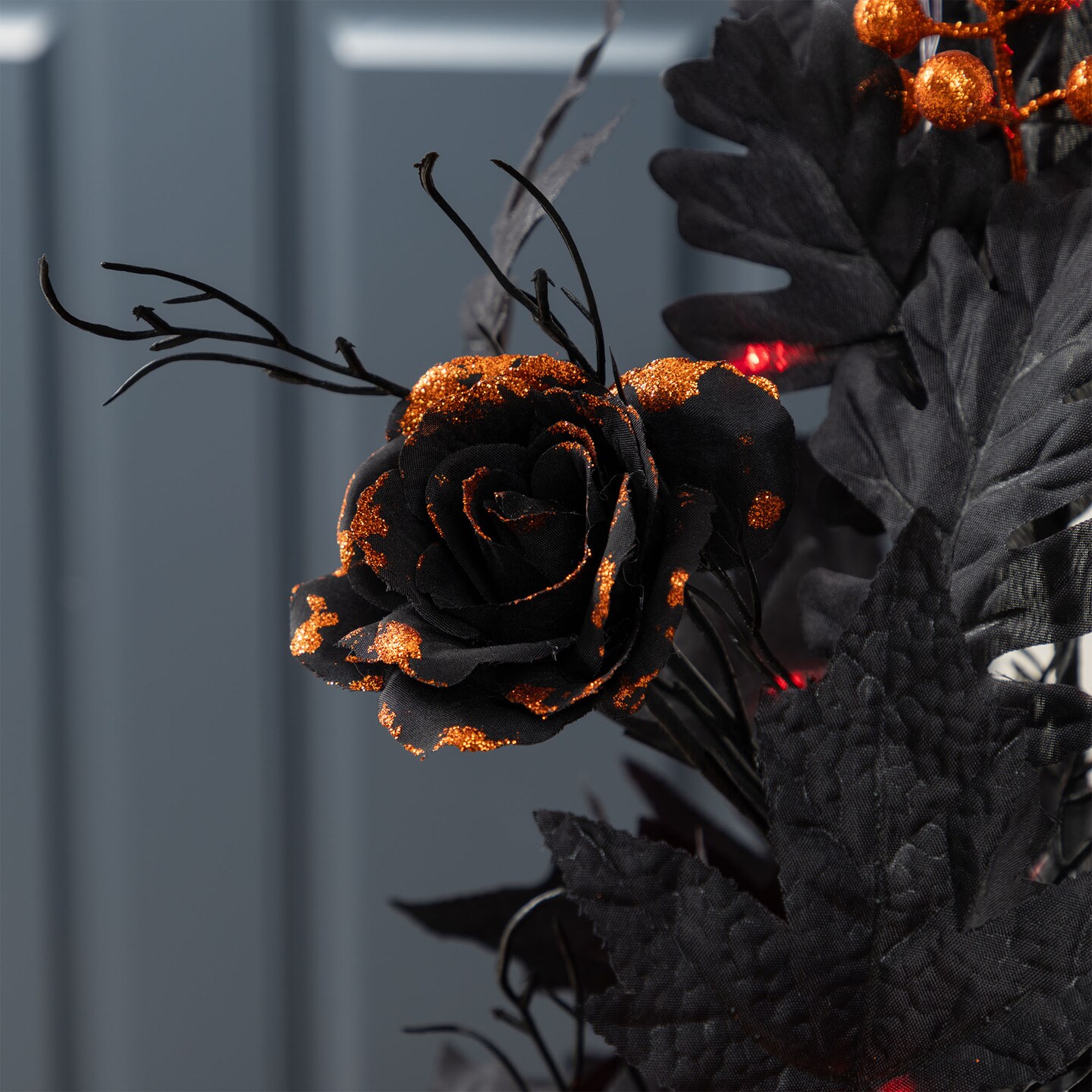 Halloween Lighted Black Rose with Orange Glitter Urn Porch Trees and Wreath/Teardrop Set