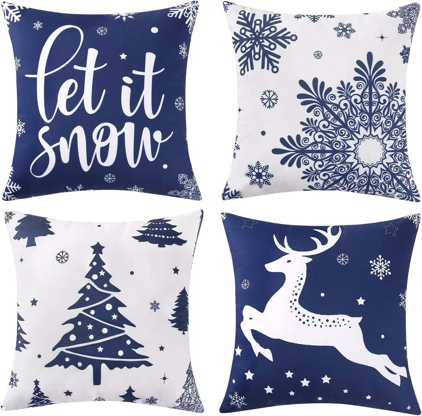 Christmas Decorations Velvet Pillow Covers 18x18 Inch Set of 4 Farmhouse Outdoor Decorative Pillows Winter Holiday Decor Snowflake Xmas Tree Deer Throw Cushion Covers for Sofa Couch, Blue