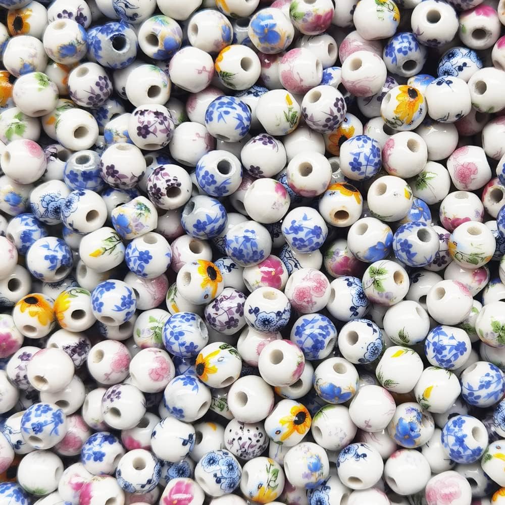 180 Pieces Porcelain Beads Chinese Round Ceramic Beads 8mm for Handmade Jewelry Making Bracelets Necklace Making, Flower