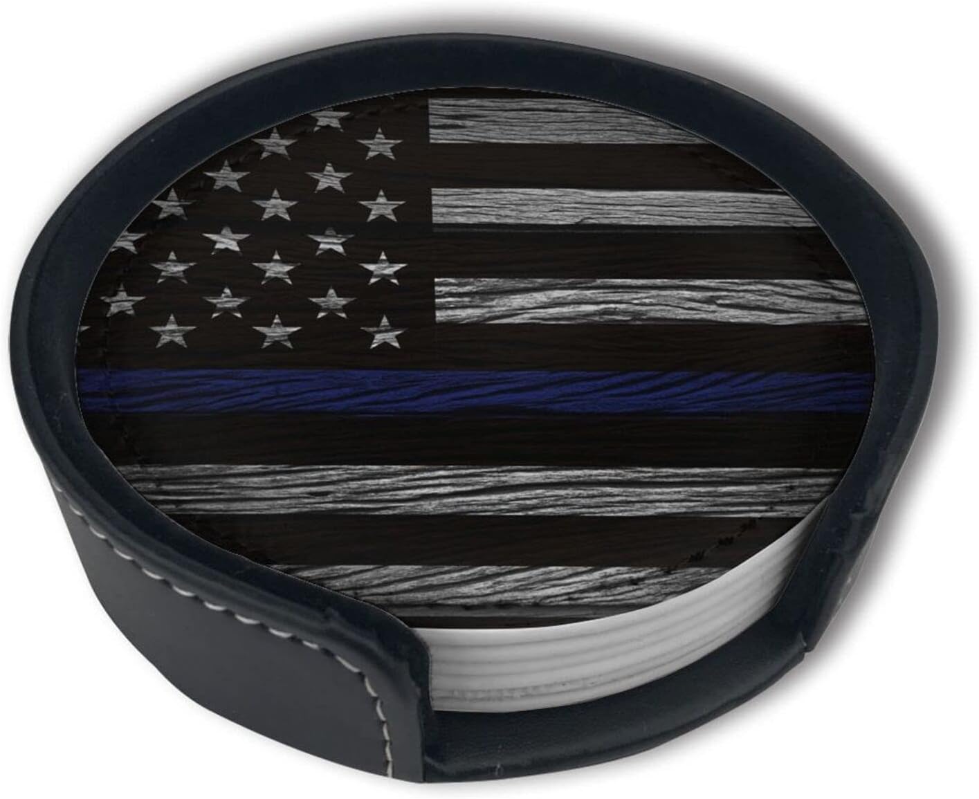 Thin Blue Line Leather Drinks Coasters with Holder Set of 6, Suitable for Kinds of Cups