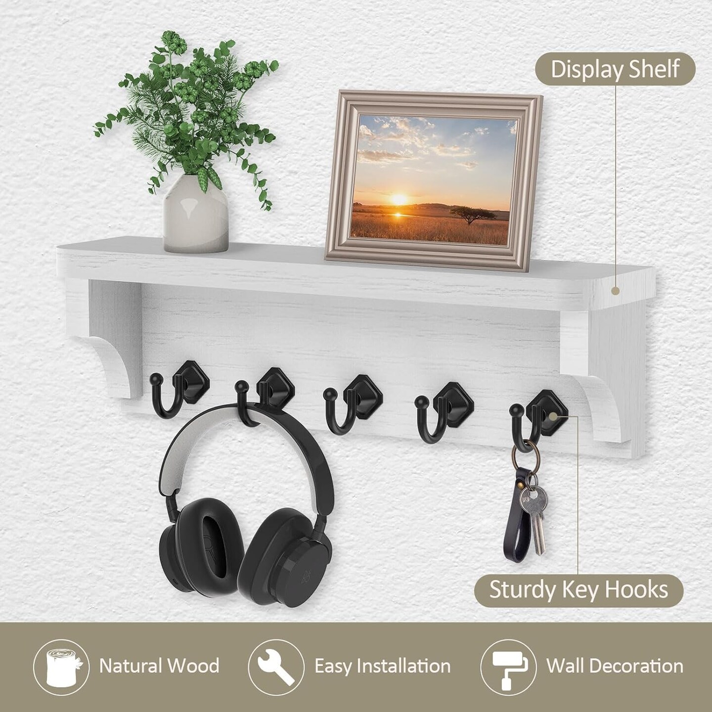 Key Holder for Wall, 11.8" x 3.5" x 2.8" Decorative Key Organizer with Floating Shelf, Wall Mount Key Rack with 5 Hooks (Rustic White)