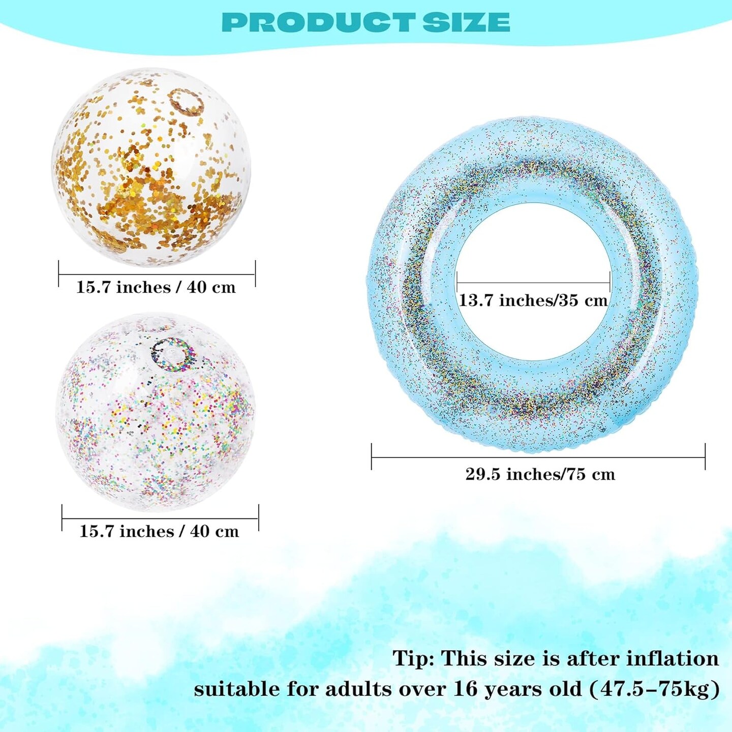 8 Pack Inflatable Glitters Pool Float Beach Balls Set 35 Inch Large Swim Ring Flotation Pool Floats Toy Inflatable Transparent Inner Tube Confetti Beach Balls for Swimming Pool, Beach