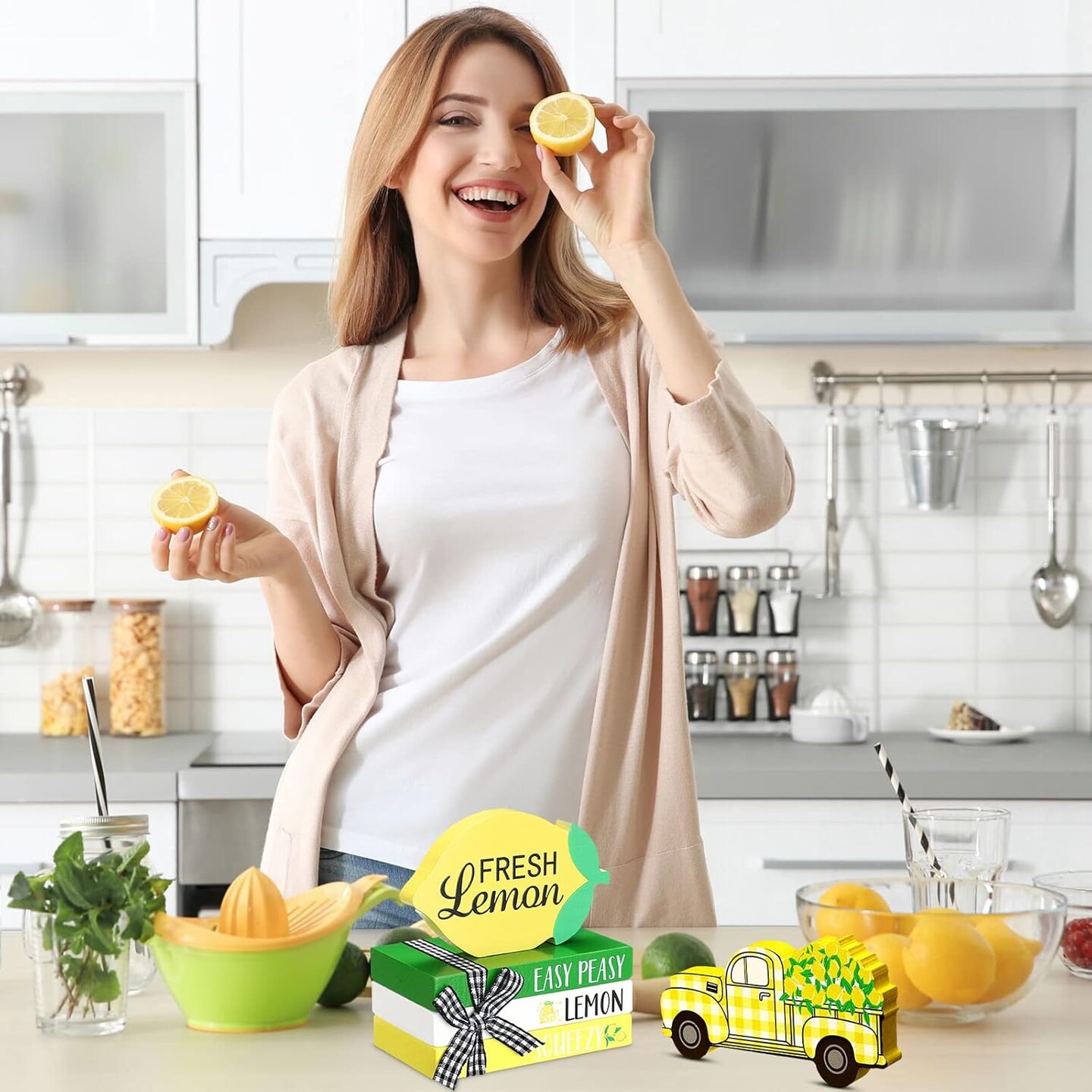 5-Piece Summer Lemon Table Decor Set – Mini Wooden Book Stack with Twine & Wood Truck Sign for Kitchen, Shelf, Tabletop, and Tiered Tray Centerpieces