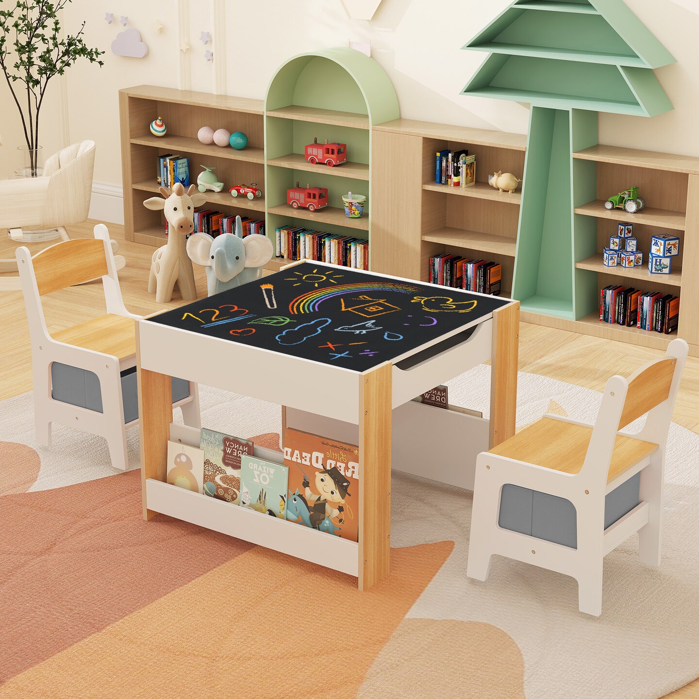 Multifunctional Kids Art and Study Table Set with Chalkboard Top and 2 Ergonomic Chairs and Toy Storage